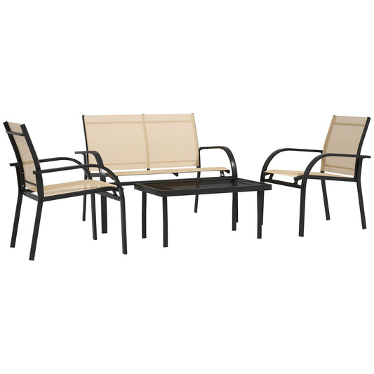 4 Pcs Curved Steel Outdoor Furniture Set w/ Loveseat, 2 Texteline Seats, Glass Top Table Garden Balcony Patio Furniture For Family Party Events Guests -Beige