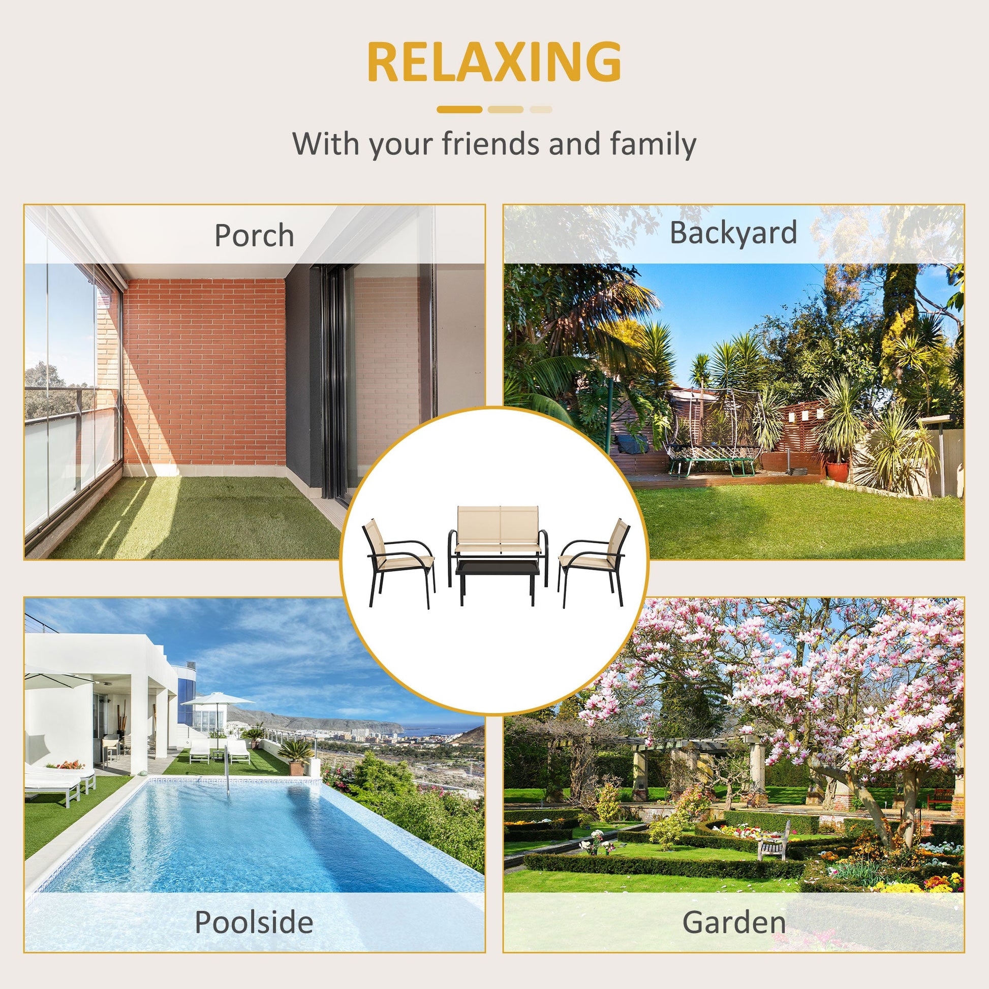 4 Pcs Curved Steel Outdoor Furniture Set w/ Loveseat, 2 Texteline Seats, Glass Top Table Garden Balcony Patio Furniture For Family Party Events Guests -Beige