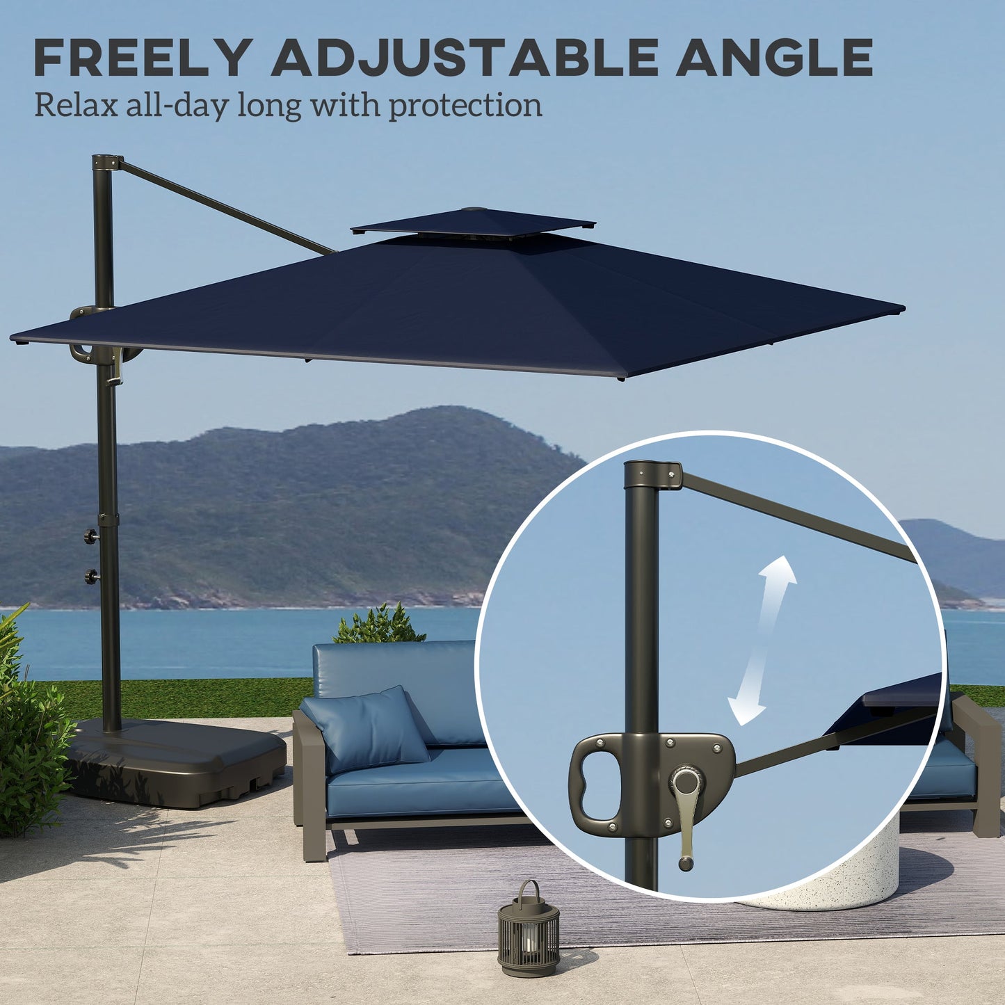 2.5m Garden Cantilever Parasol with Fillable Base, Up to 40kg, Double Top Garden Parasol, Square Overhanging Patio Umbrella with Crank Handle and Tilt for Outdoor Sun Shade, Blue