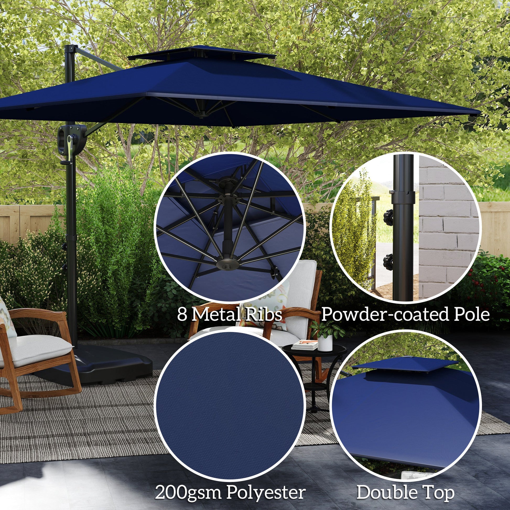 2.5m Garden Cantilever Parasol with Fillable Base, Up to 40kg, Double Top Garden Parasol, Square Overhanging Patio Umbrella with Crank Handle and Tilt for Outdoor Sun Shade, Blue