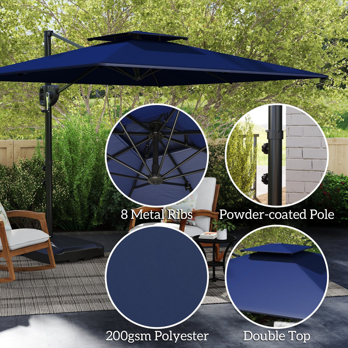 2.5m Garden Cantilever Parasol with Fillable Base, Up to 40kg, Double Top Garden Parasol, Square Overhanging Patio Umbrella with Crank Handle and Tilt for Outdoor Sun Shade, Blue