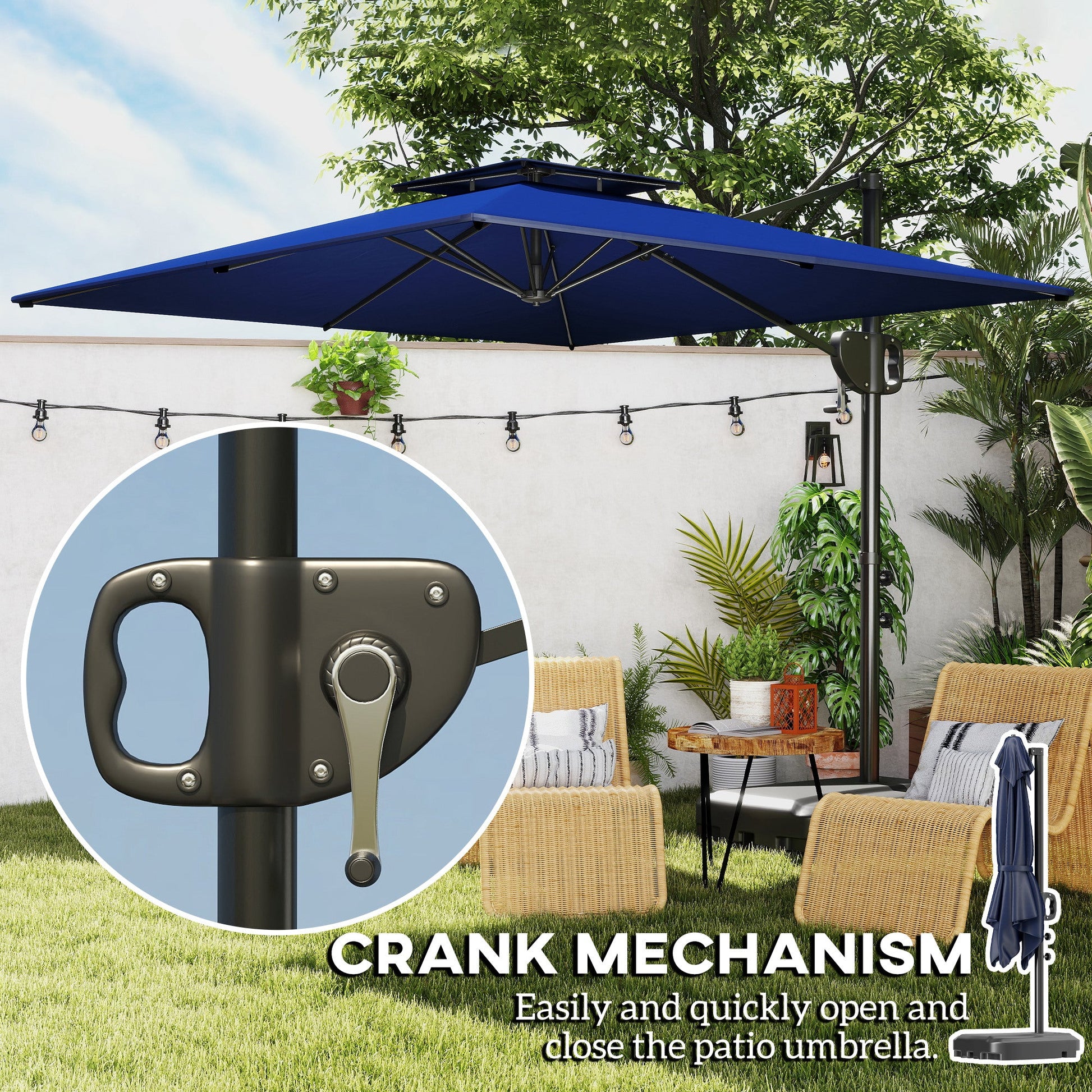 2.5m Garden Cantilever Parasol with Fillable Base, Up to 40kg, Double Top Garden Parasol, Square Overhanging Patio Umbrella with Crank Handle and Tilt for Outdoor Sun Shade, Blue