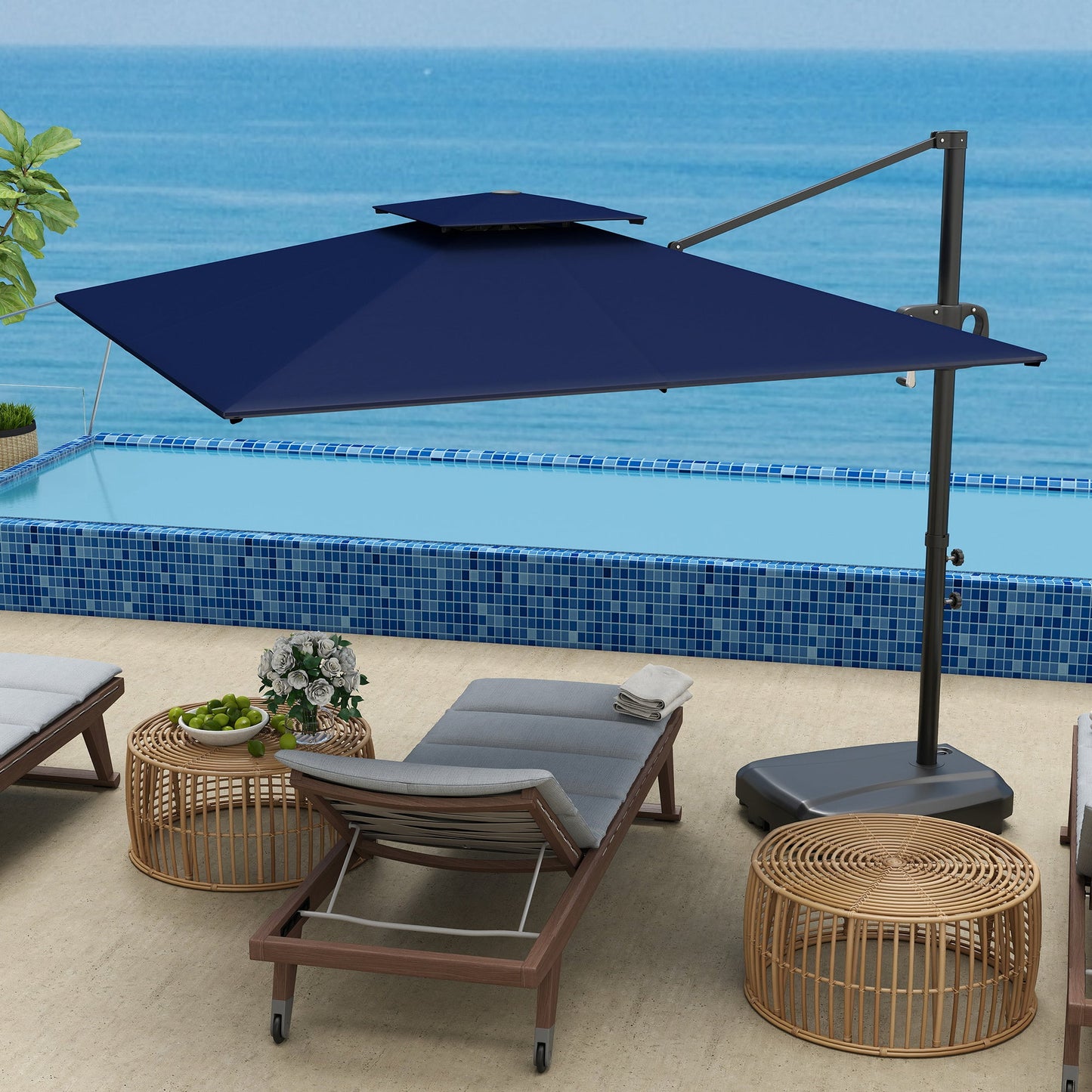 2.5m Garden Cantilever Parasol with Fillable Base, Up to 40kg, Double Top Garden Parasol, Square Overhanging Patio Umbrella with Crank Handle and Tilt for Outdoor Sun Shade, Blue