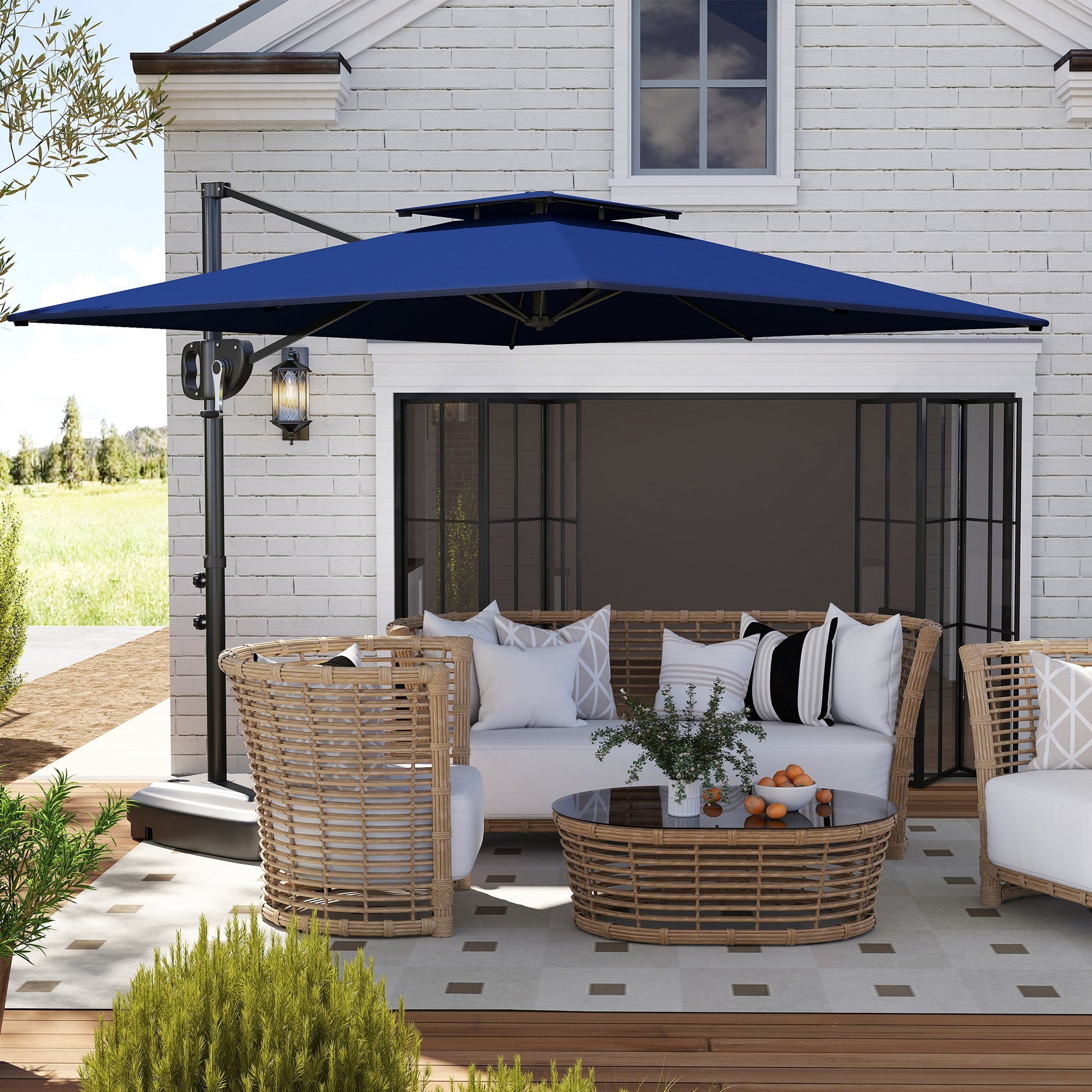 2.5m Garden Cantilever Parasol with Fillable Base, Up to 40kg, Double Top Garden Parasol, Square Overhanging Patio Umbrella with Crank Handle and Tilt for Outdoor Sun Shade, Blue