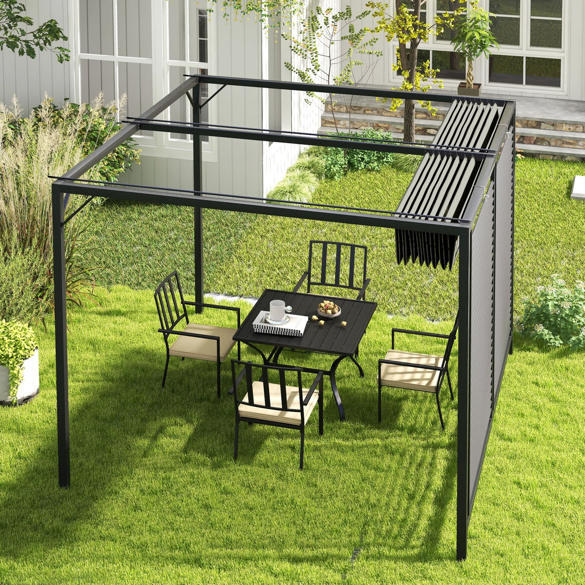 2.8 x 3(m) Metal Outdoor Pergola with Retractable Roof, Outdoor Gazebo Canopy Shelter with Grommet Holes for Garden, Patio, Lawn, Grey