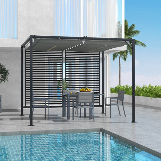 2.8 x 3(m) Metal Outdoor Pergola with Retractable Roof, Outdoor Gazebo Canopy Shelter with Grommet Holes for Garden, Patio, Lawn, Grey