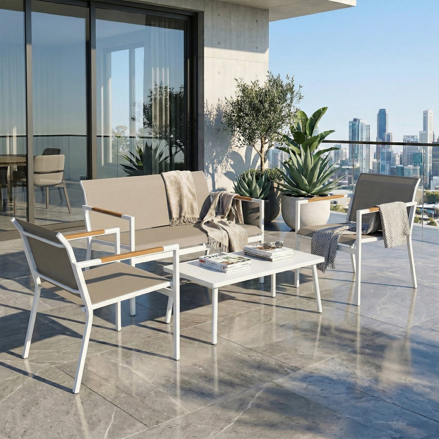 4 Seater Garden Furniture Set with Loveseat, 2 Armchairs, Metal-Top Table, Metal Garden Sofa Set with Breathable Mesh Seats, Outdoor Furniture Conversation Sets, Khaki