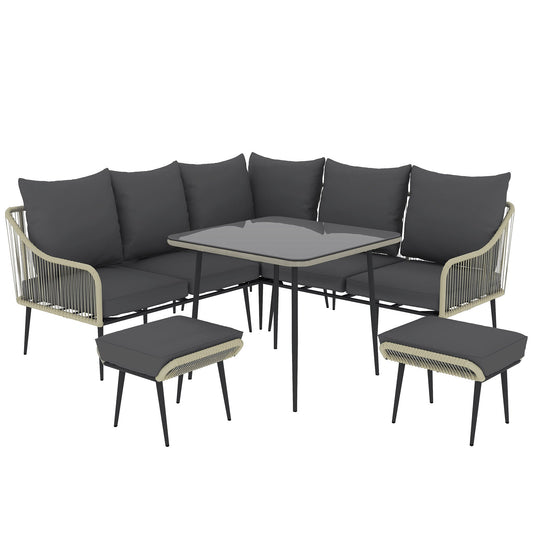 6 Piece Garden Furniture Set, Garden Corner Sofa Set with Thickened Cushions, Outdoor Patio Furniture Set with Glass Top Table, Footstools for Conservatory, Light Grey