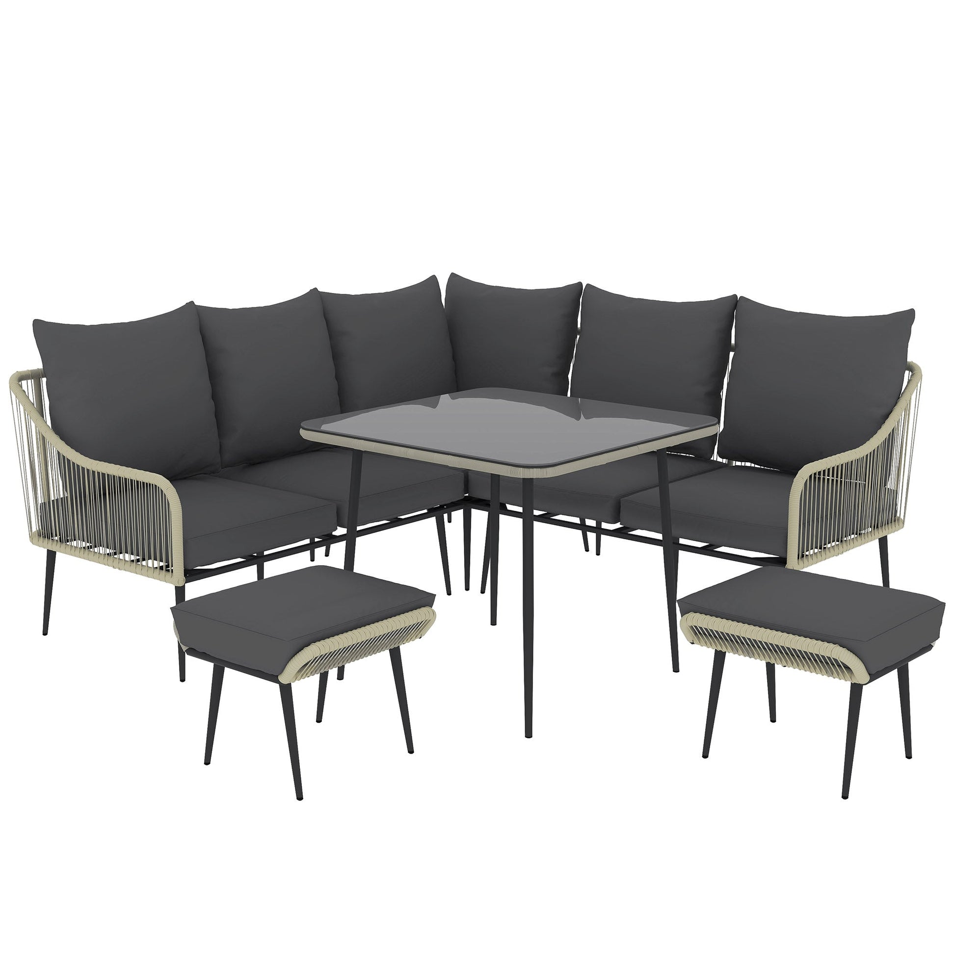 6 Piece Garden Furniture Set, Garden Corner Sofa Set with Thickened Cushions, Outdoor Patio Furniture Set with Glass Top Table, Footstools for Conservatory, Light Grey