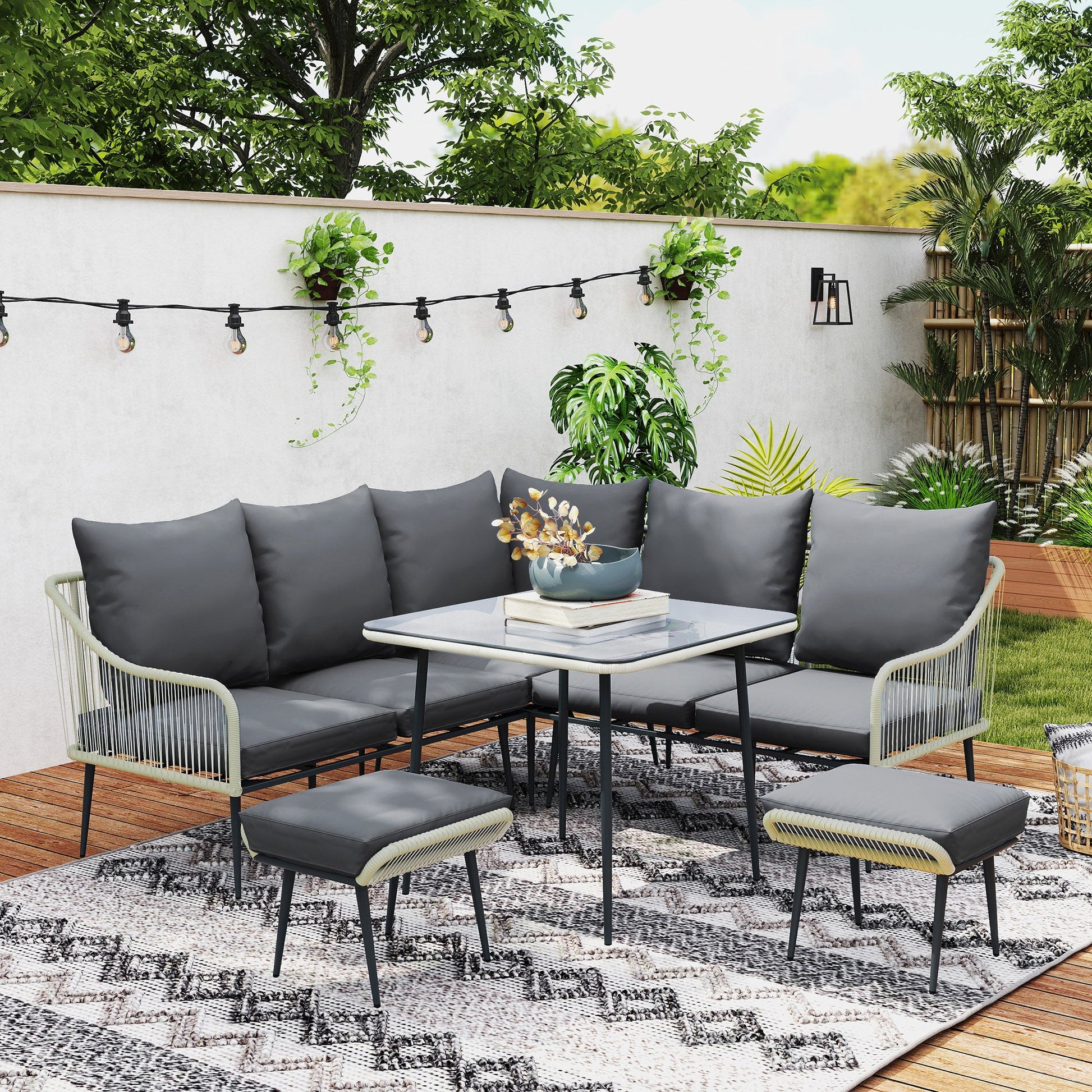 6 Piece Garden Furniture Set, Garden Corner Sofa Set with Thickened Cushions, Outdoor Patio Furniture Set with Glass Top Table, Footstools for Conservatory, Light Grey