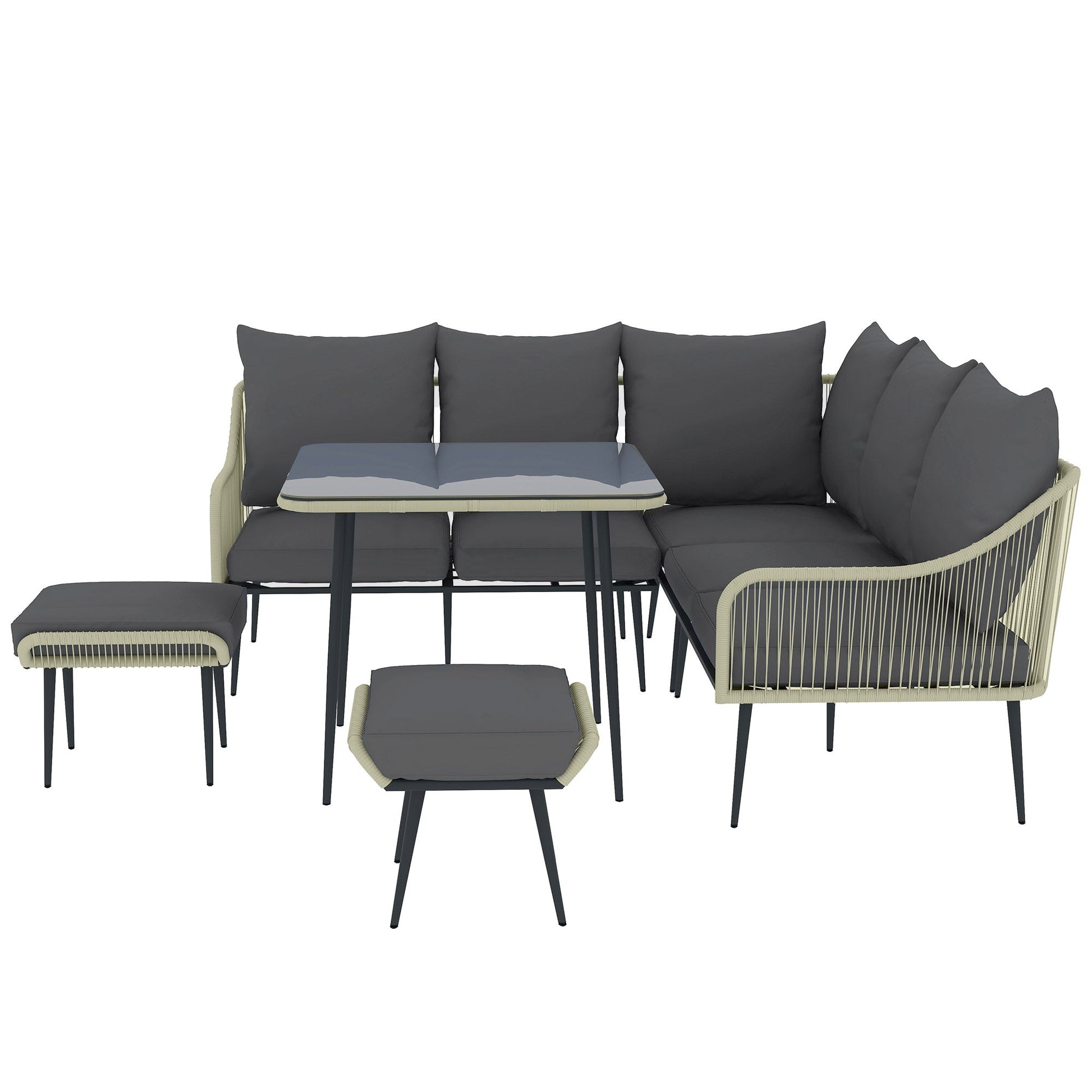 6 Piece Garden Furniture Set, Garden Corner Sofa Set with Thickened Cushions, Outdoor Patio Furniture Set with Glass Top Table, Footstools for Conservatory, Light Grey