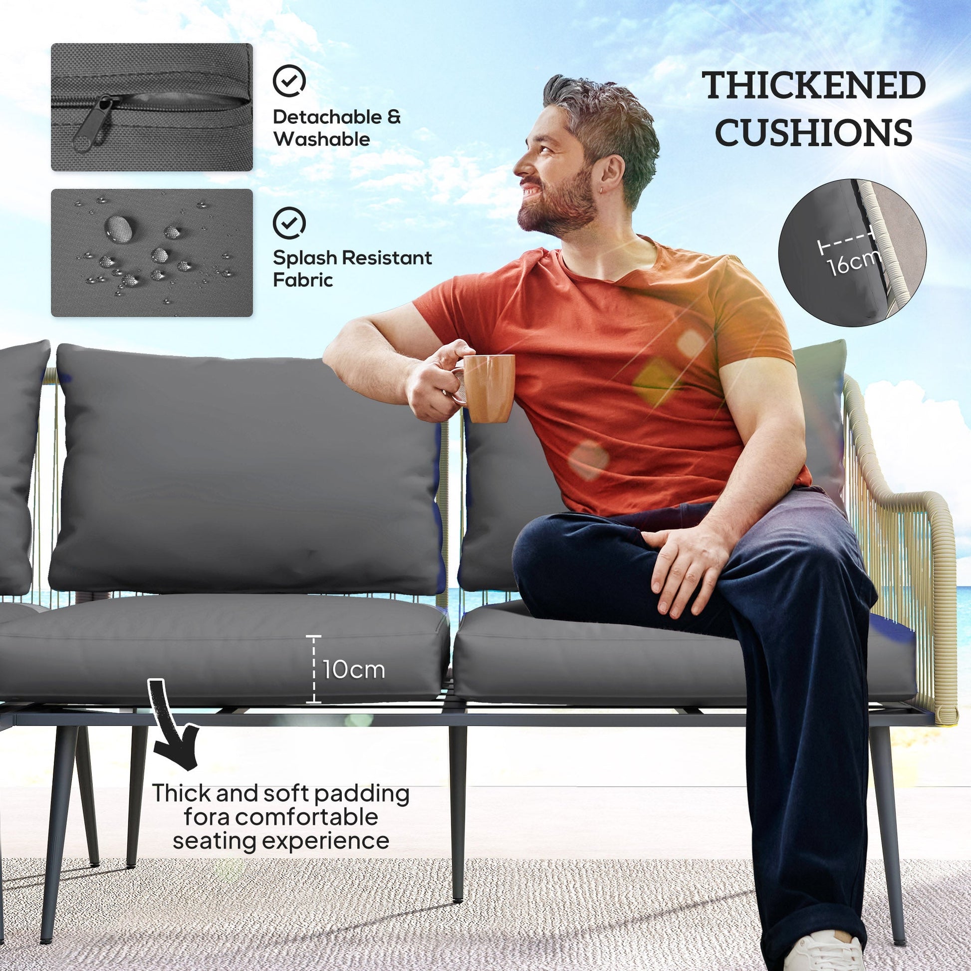 6 Piece Garden Furniture Set, Garden Corner Sofa Set with Thickened Cushions, Outdoor Patio Furniture Set with Glass Top Table, Footstools for Conservatory, Light Grey