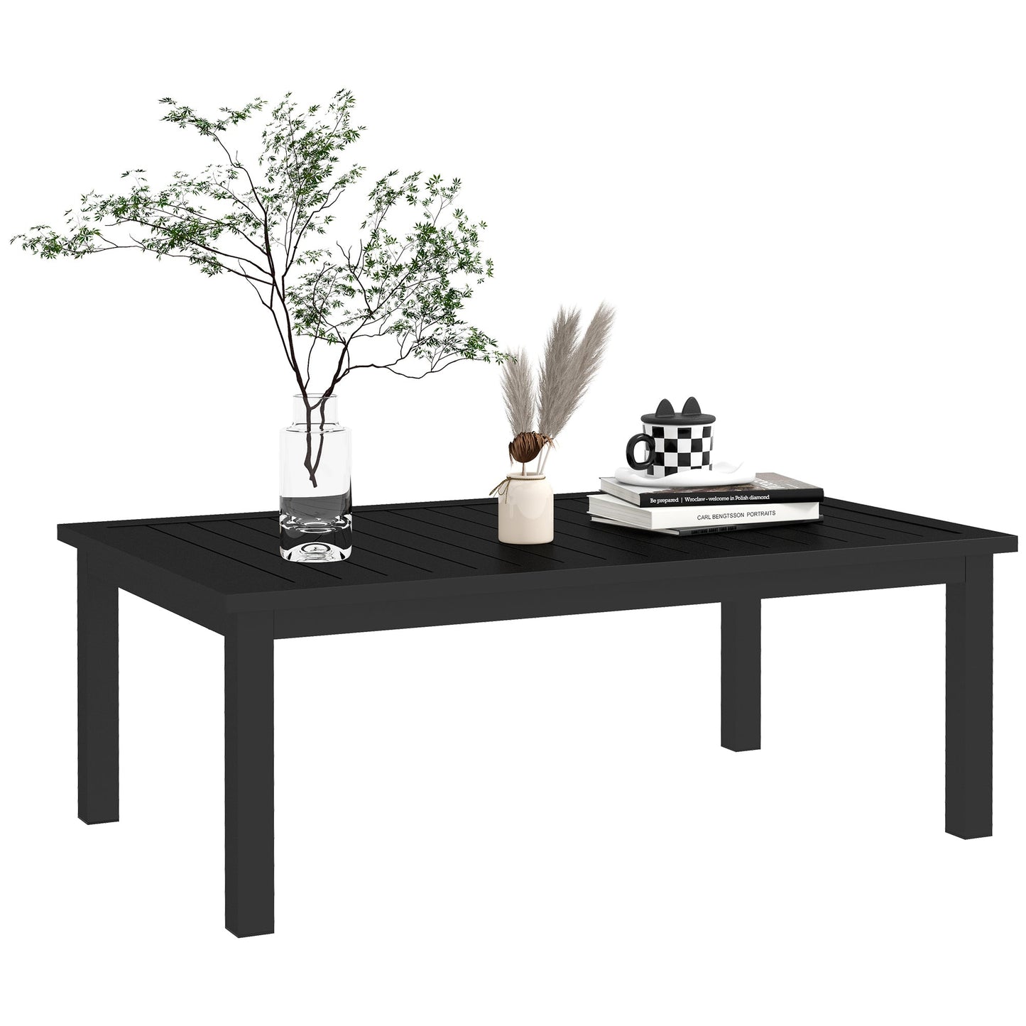 Aluminium Outdoor Coffee Table, Rectangular Patio Side Table with Wood Grain Effect and Slat Tabletop for Indoor, Garden, Balcony, 100cm x 60cm, Black