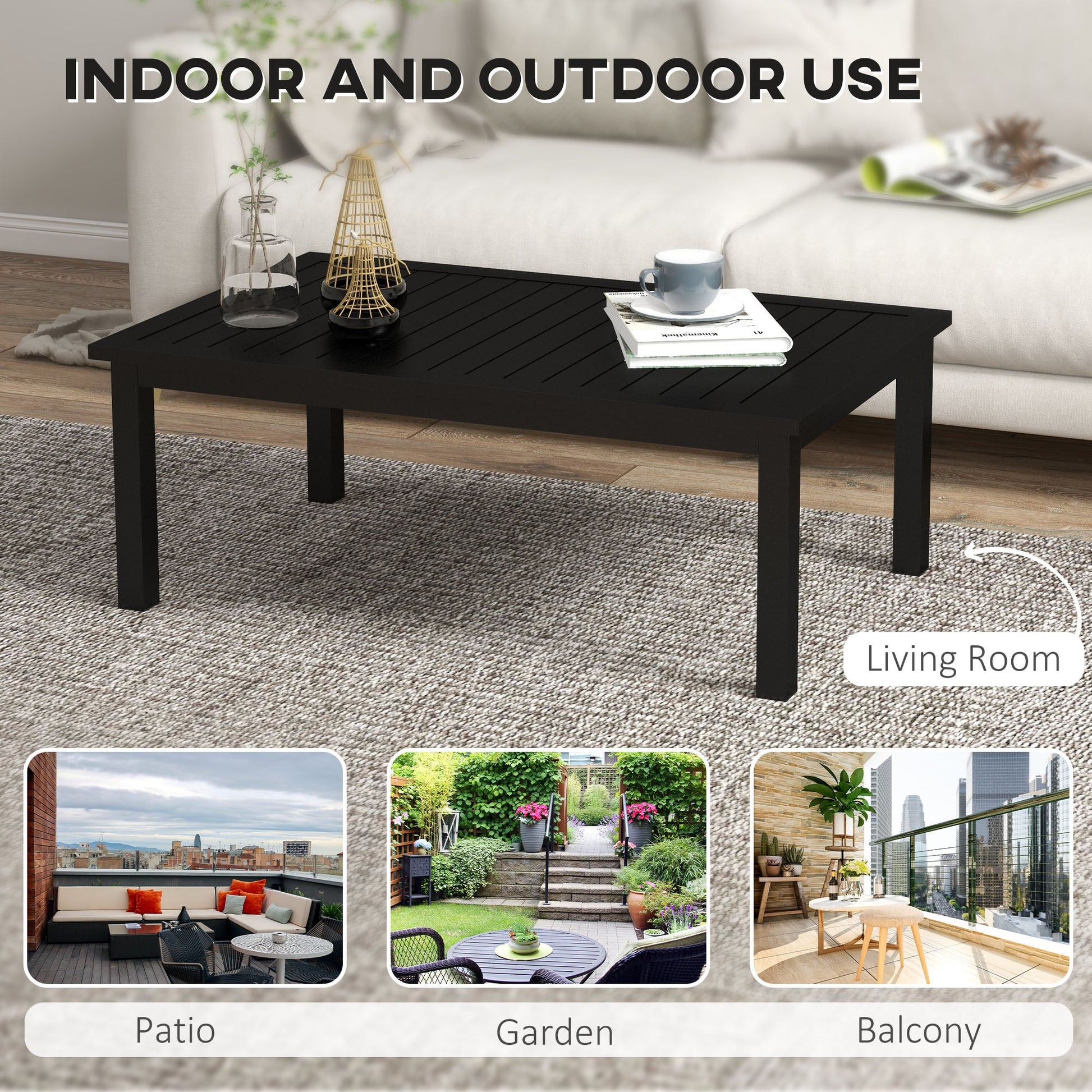 Aluminium Outdoor Coffee Table, Rectangular Patio Side Table with Wood Grain Effect and Slat Tabletop for Indoor, Garden, Balcony, 100cm x 60cm, Black