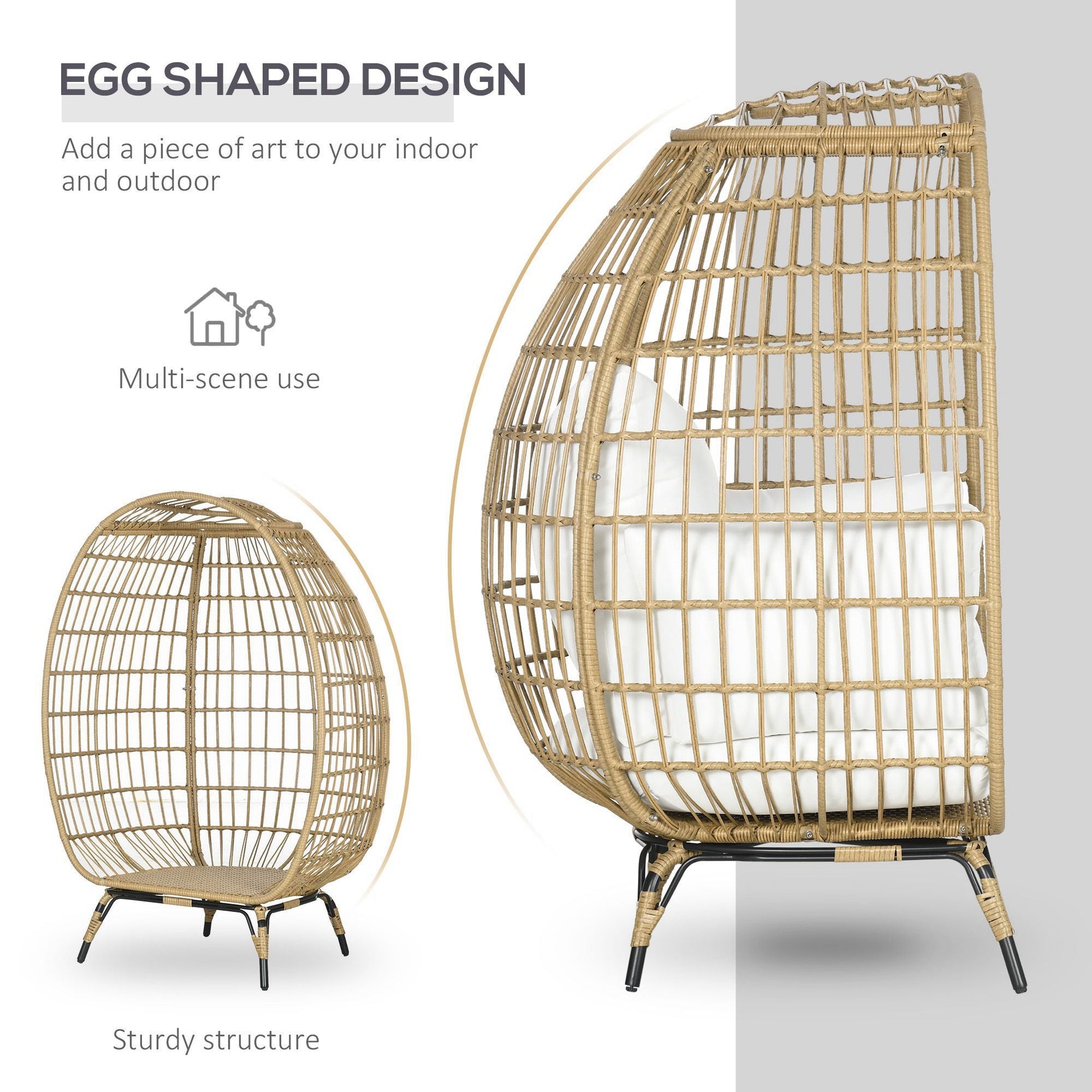 Oversized Garden Egg Chair, Outdoor Wicker PE Rattan Chair with Thickened Padded Cushions and Pillows for Balcony, Porch, Khaki