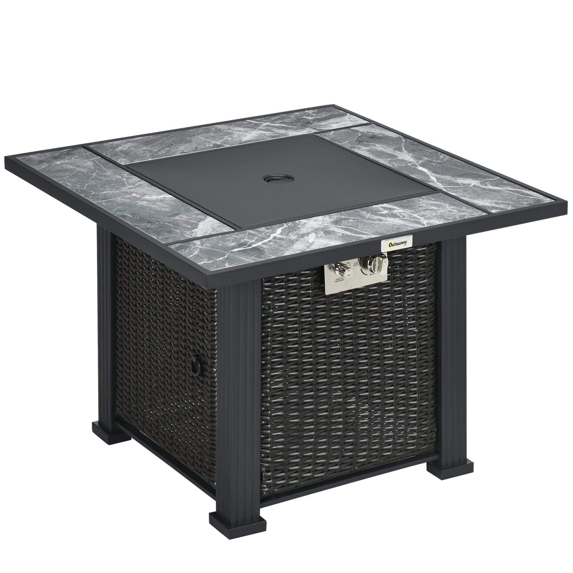 Outdoor PE Rattan Gas Fire Pit Table, Patio Square Propane Heater with Marble Desktop, Rain Cover, Glass Windscreen, and Glass Stones, 50,000 BTU, Black