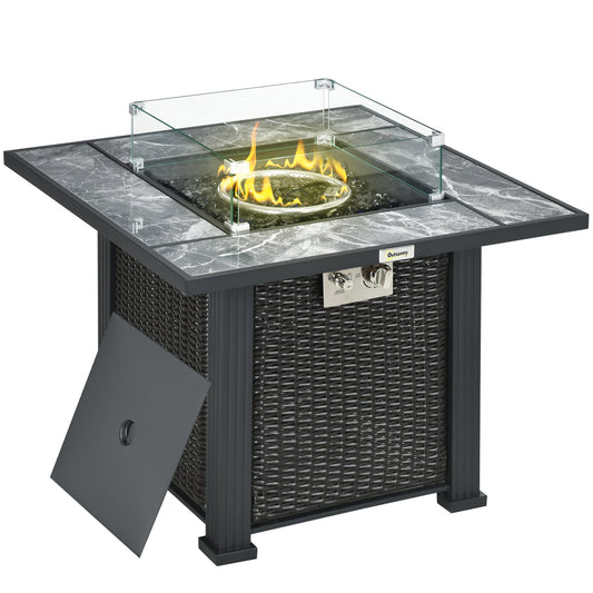Outdoor PE Rattan Gas Fire Pit Table, Patio Square Propane Heater with Marble Desktop, Rain Cover, Glass Windscreen, and Glass Stones, 50,000 BTU, Black