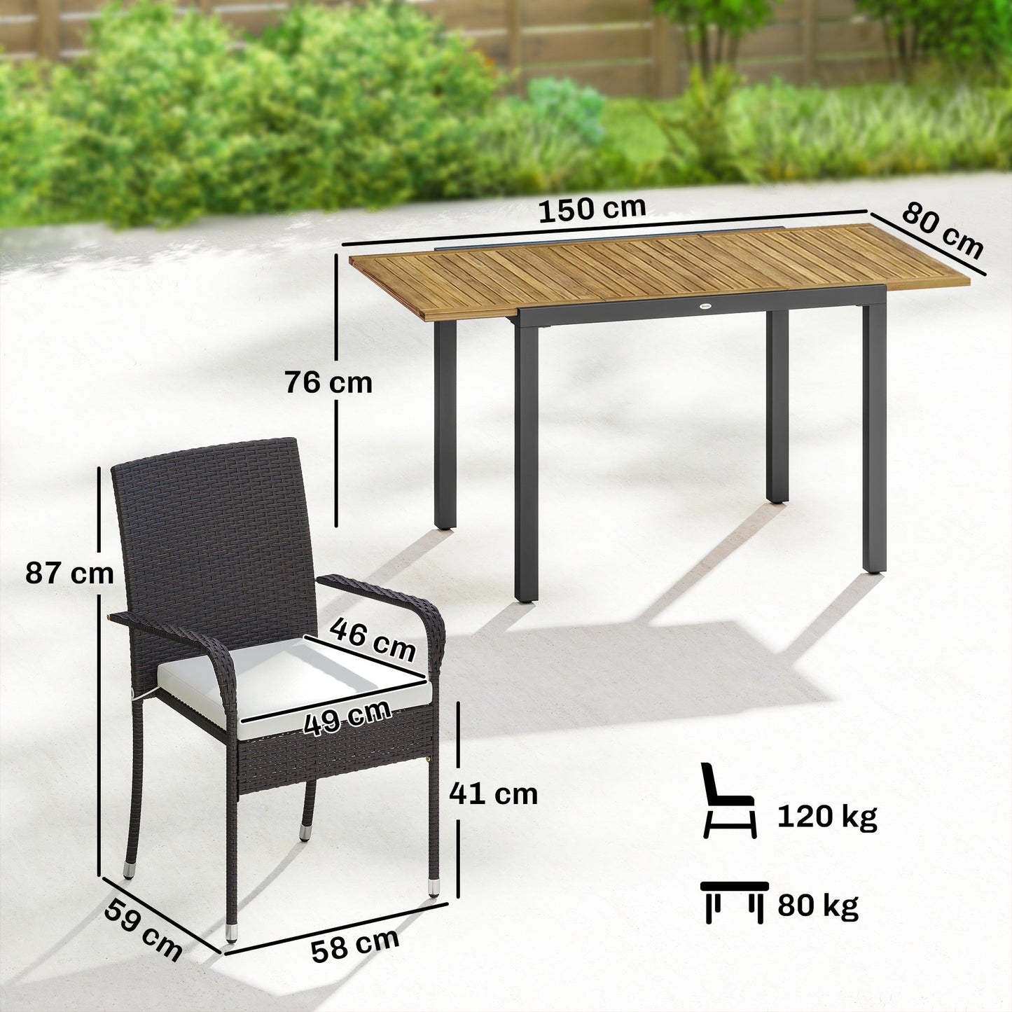 7 Piece Rattan Garden Furniture Set, 6 Seater Garden Table and 6 Stackable Chairs with Extendable Acacia Wood Tabletop, All-Weather Outdoor Furniture with Cushions for Patio, Cream White