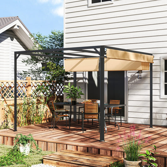 3 x 3(m) Garden Pergola with Retractable Roof Canopy and Roller Shade, Aluminium Pergola Kit Gazebo, UPF30+ Sun Shade Shelter for Deck, Porch, Khaki