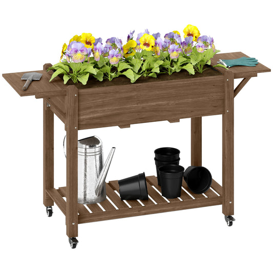 Raised Garden Bed, Wooden Elevated Planter Box with Lockable Wheels, Side Tables and Bottom Shelf, Outdoor Planter with Liner and Drainage Holes for Vegetables, Flowers, Fruits, Carbonised