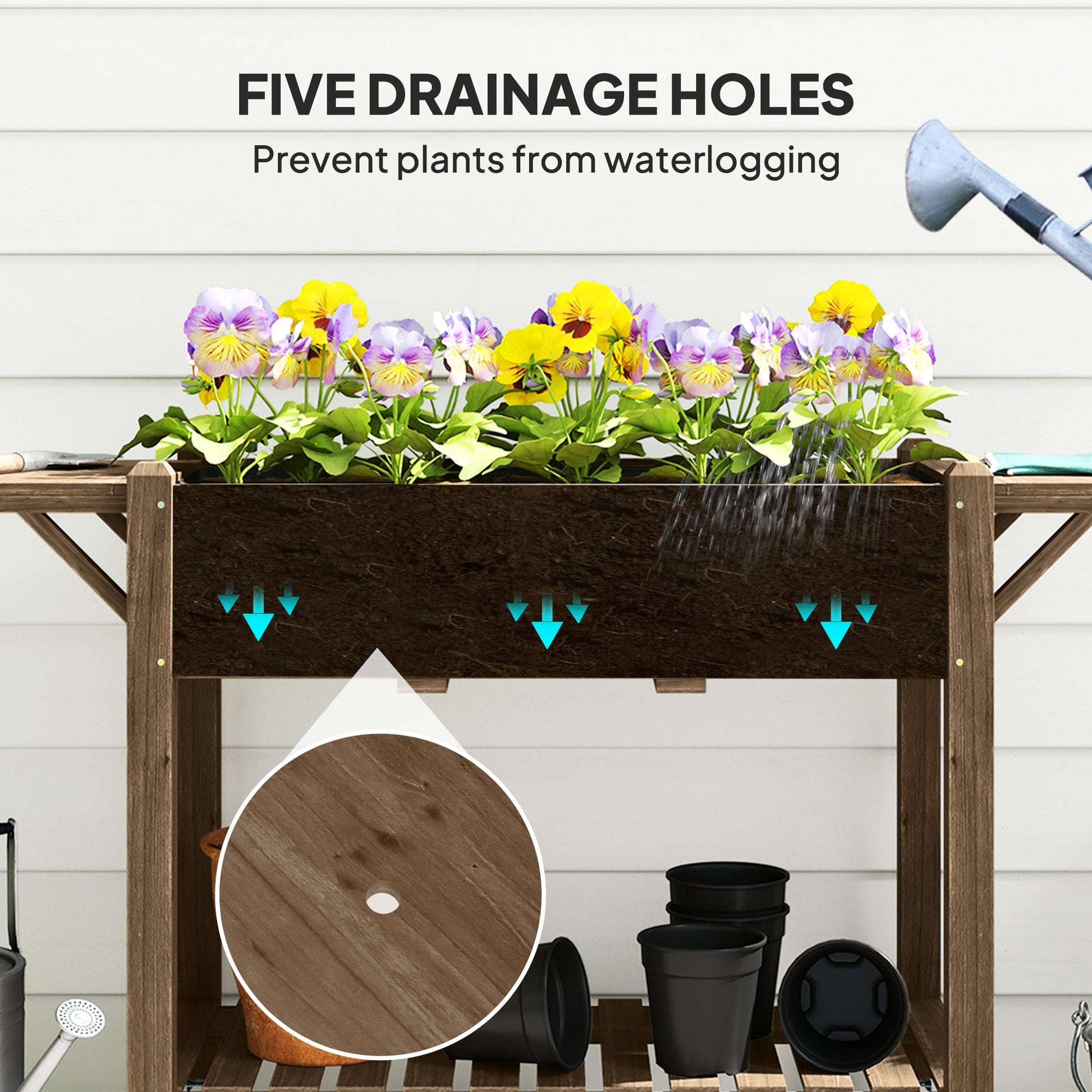 Raised Garden Bed, Wooden Elevated Planter Box with Lockable Wheels, Side Tables and Bottom Shelf, Outdoor Planter with Liner and Drainage Holes for Vegetables, Flowers, Fruits, Carbonised