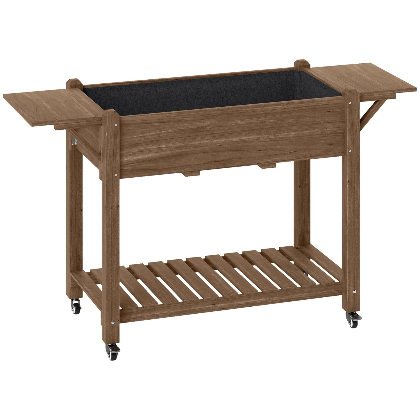 Raised Garden Bed, Wooden Elevated Planter Box with Lockable Wheels, Side Tables and Bottom Shelf, Outdoor Planter with Liner and Drainage Holes for Vegetables, Flowers, Fruits, Carbonised