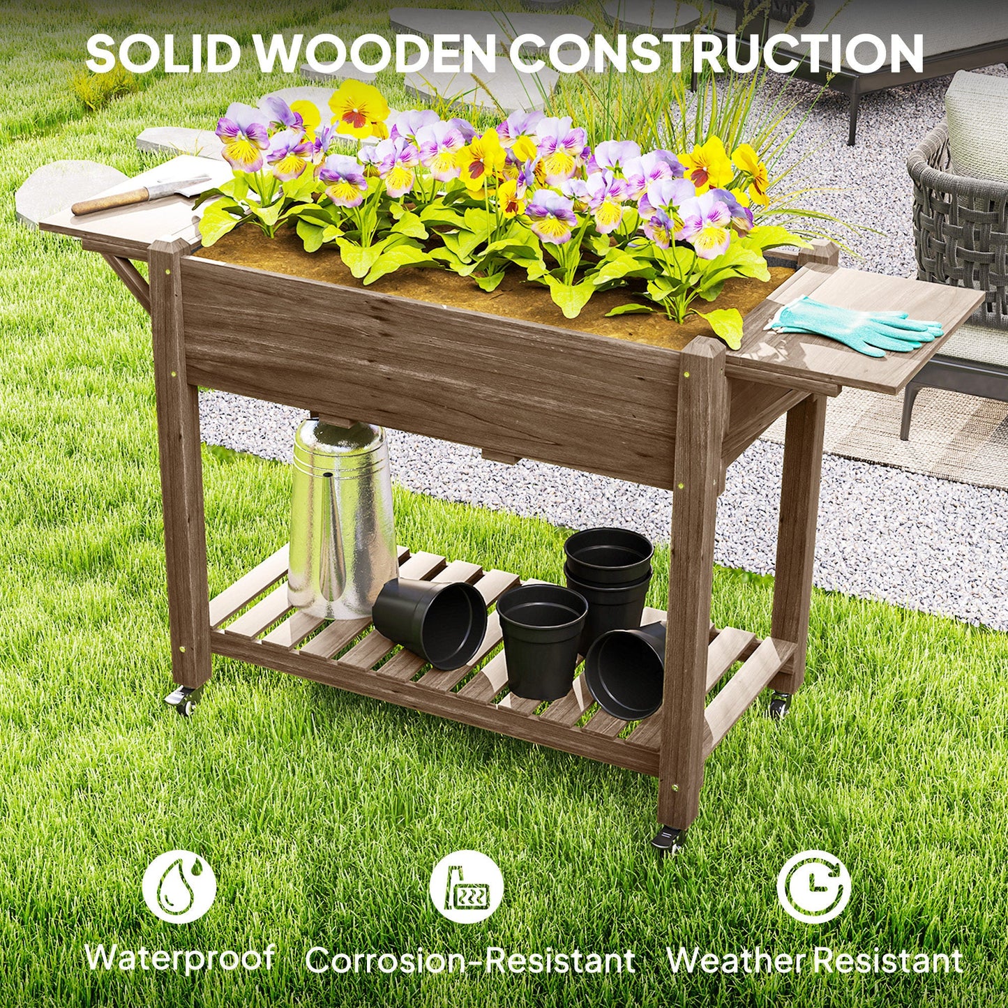 Raised Garden Bed, Wooden Elevated Planter Box with Lockable Wheels, Side Tables and Bottom Shelf, Outdoor Planter with Liner and Drainage Holes for Vegetables, Flowers, Fruits, Carbonised