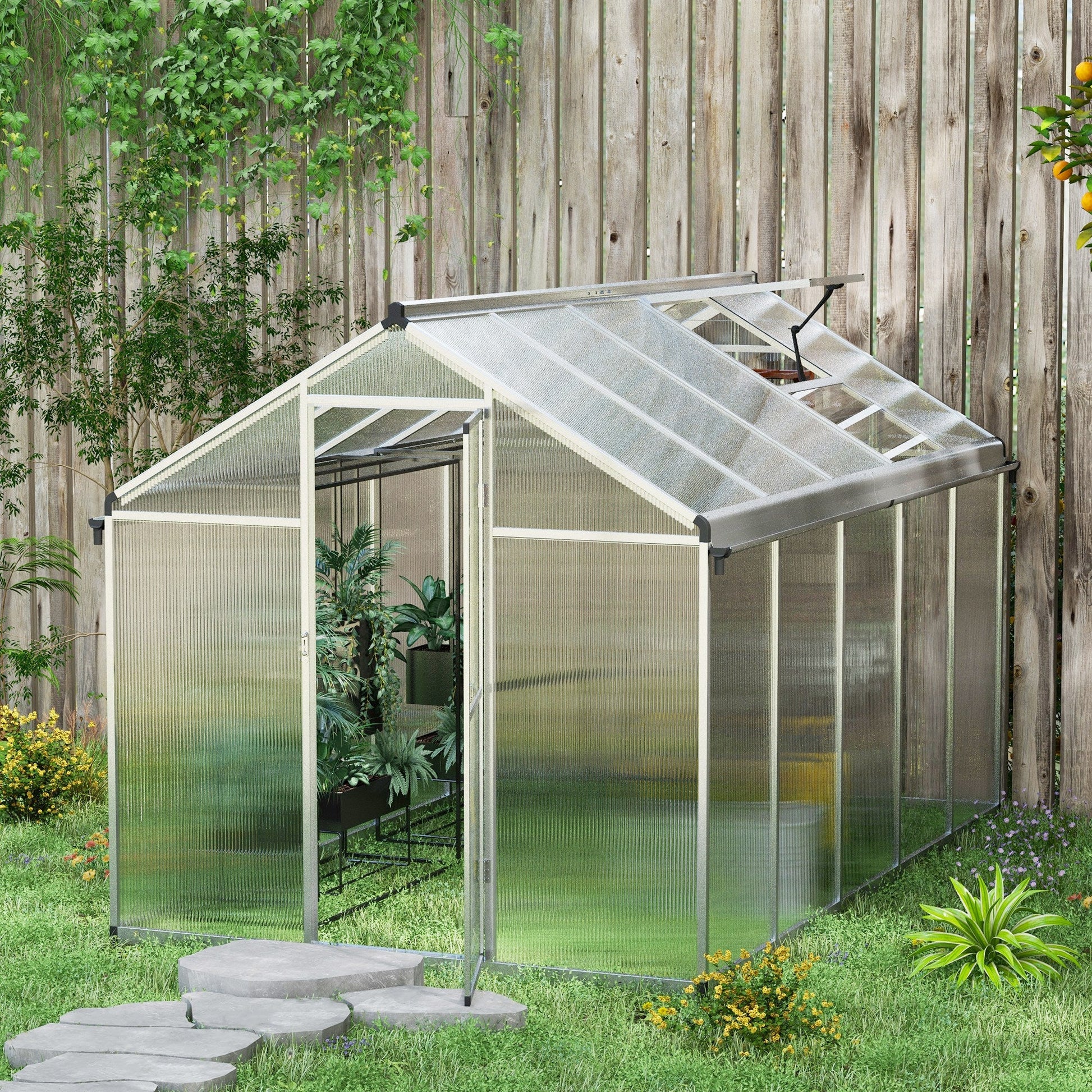 6 x 10ft Polycarbonate Greenhouse with Rain Gutters, Large Walk-In Green House with Door and Window, Garden Plants Grow House with Aluminium Frame and Foundation