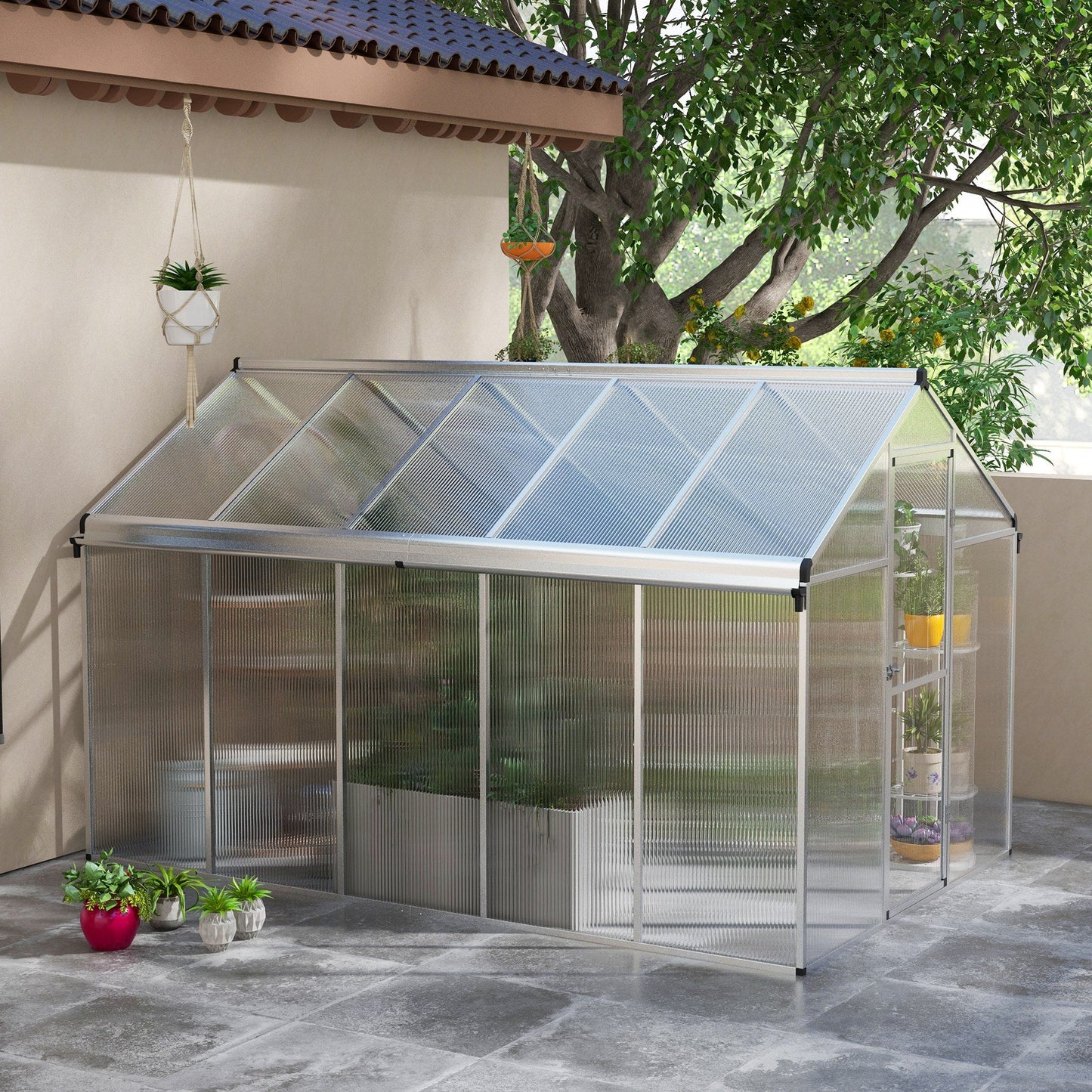 6 x 10ft Polycarbonate Greenhouse with Rain Gutters, Large Walk-In Green House with Door and Window, Garden Plants Grow House with Aluminium Frame and Foundation