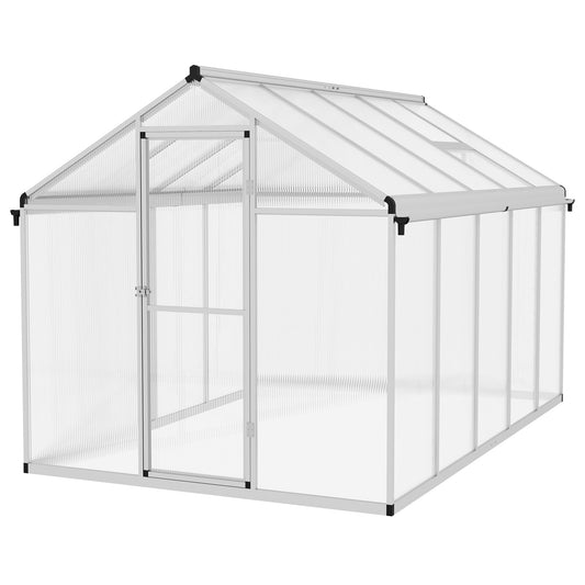 6 x 10ft Polycarbonate Greenhouse with Rain Gutters, Large Walk-In Green House with Door and Window, Garden Plants Grow House with Aluminium Frame and Foundation