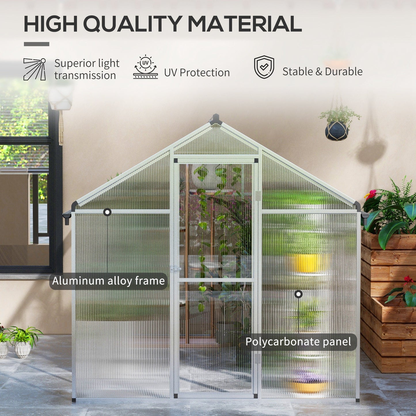 6 x 10ft Polycarbonate Greenhouse with Rain Gutters, Large Walk-In Green House with Door and Window, Garden Plants Grow House with Aluminium Frame and Foundation