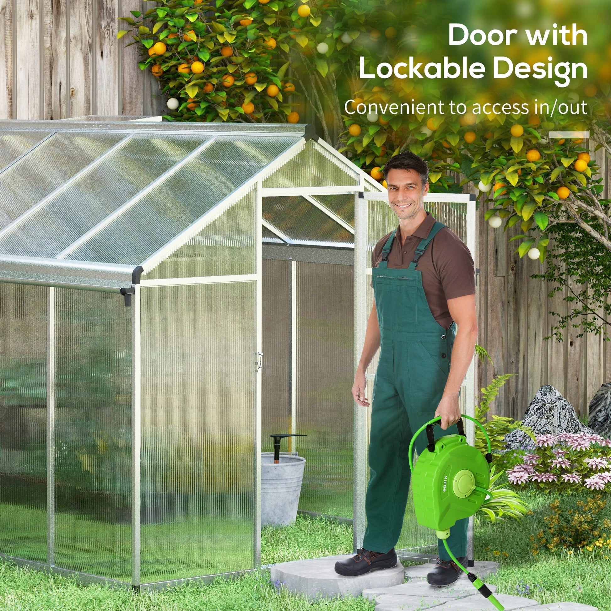 6 x 10ft Polycarbonate Greenhouse with Rain Gutters, Large Walk-In Green House with Door and Window, Garden Plants Grow House with Aluminium Frame and Foundation
