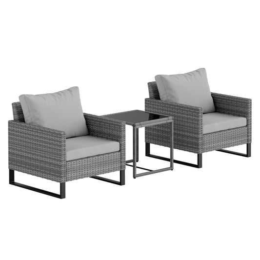 3 Pieces Rattan Bistro Set with 4 Cushions, Wicker Garden Furniture Set, Glass Top Coffee Table and Chairs for Outdoor Patio, Balcony, Terrace and Conservatory, Grey