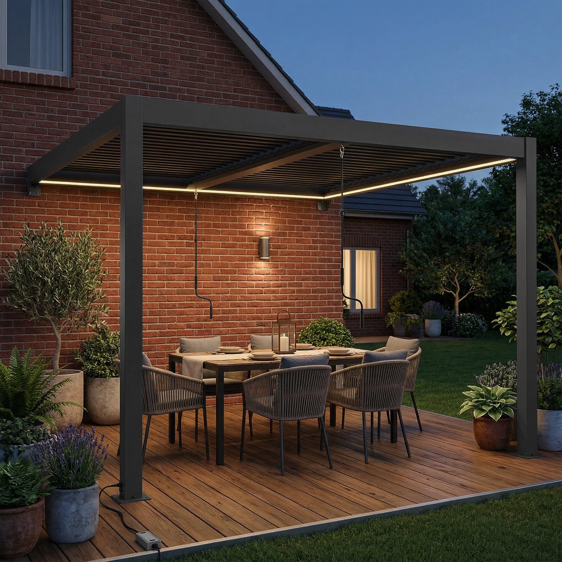 3 x 3 m Louvered Pergola with LED Lights, Adjustable Metal Louvred Roof, Wall Mounted Patio Gazebo Pergola Canopy with Aluminium Frame, Drainage Gutters for Garden Outdoor, Dark Grey
