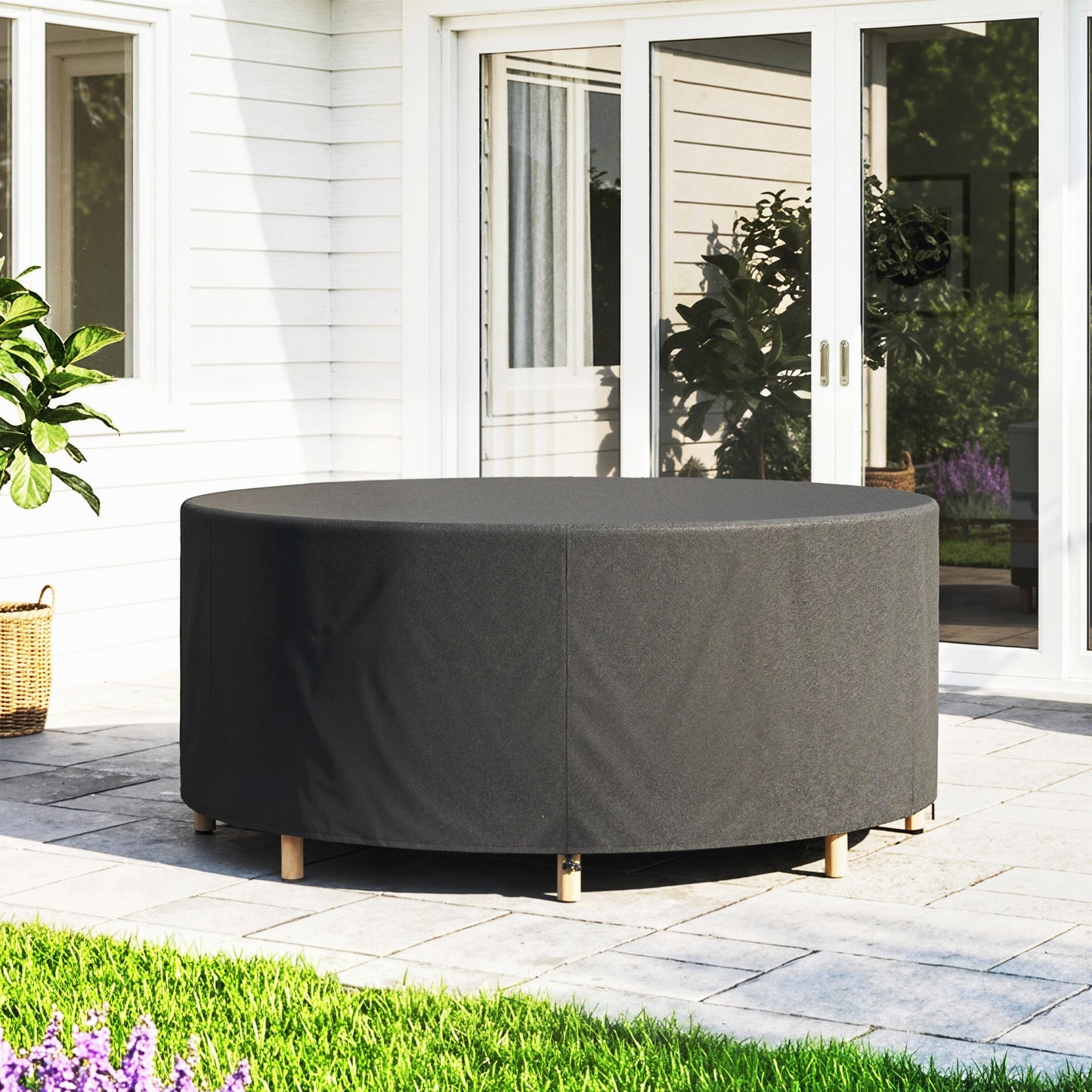 Round Garden Furniture Cover, Waterproof Garden Table Cover, 420D Heavy Duty Oxford for Outdoor Garden Table and Chairs, Φ214 x 70 cm, Black