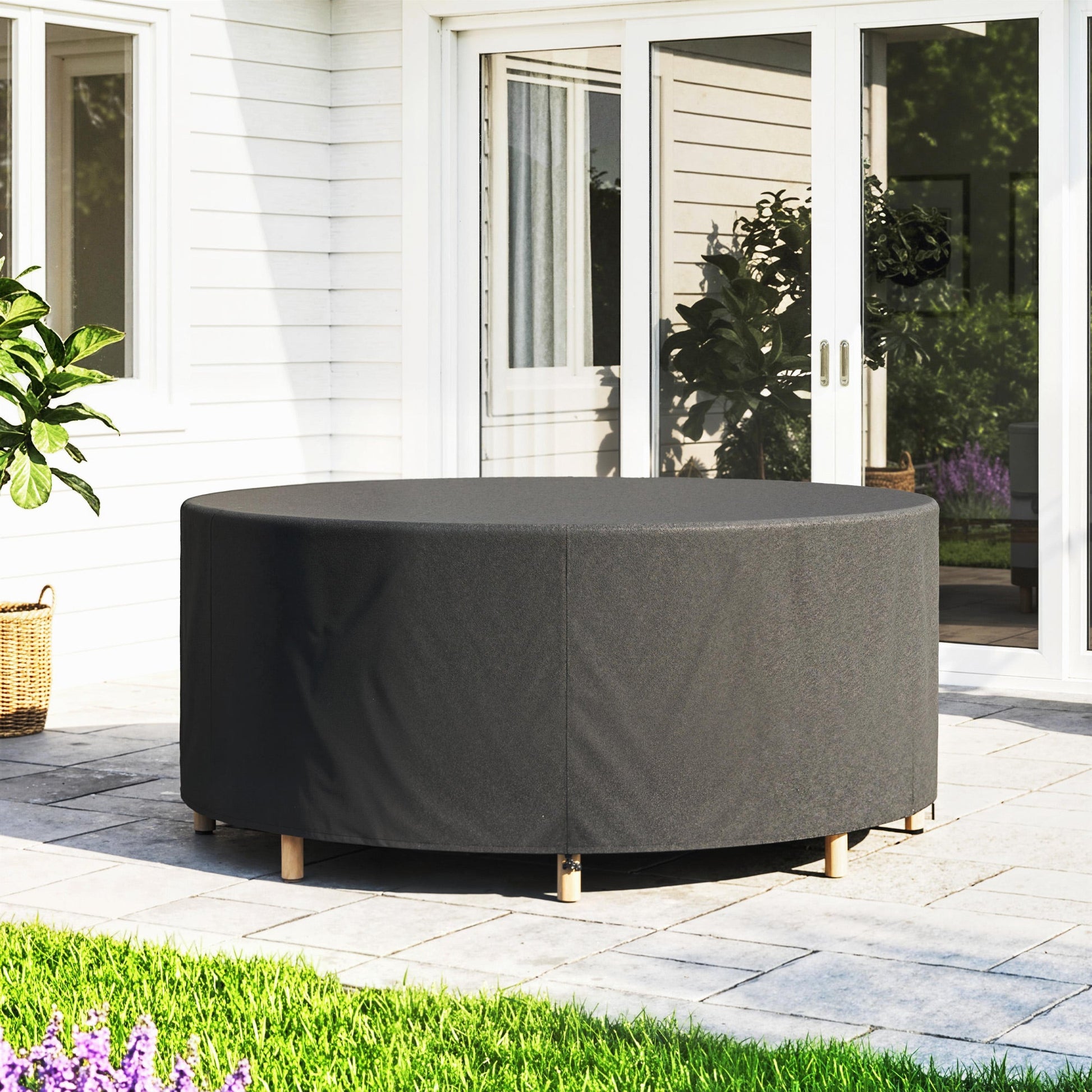 Round Garden Furniture Cover, Waterproof Garden Table Cover, 420D Heavy Duty Oxford for Outdoor Garden Table and Chairs, Φ214 x 70 cm, Black
