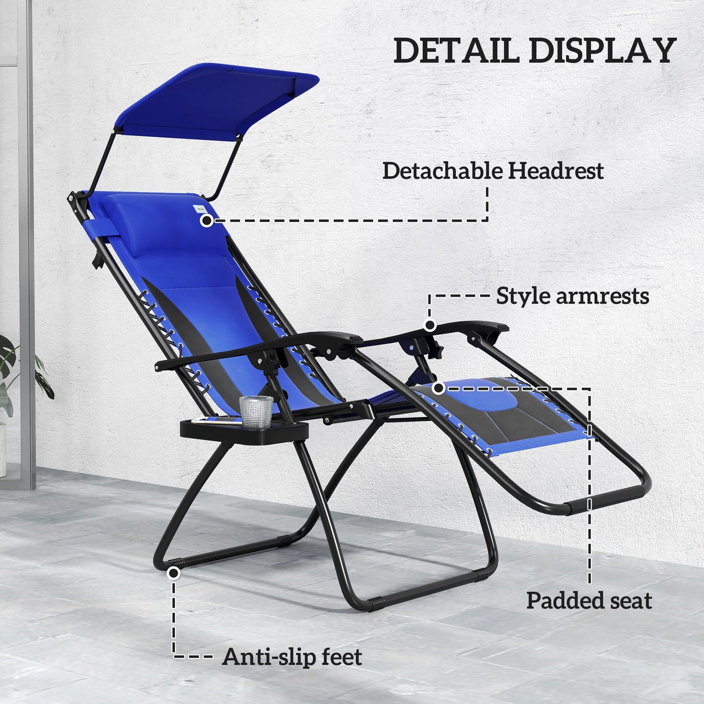 Zero Gravity Lounger Chair, Folding Reclining Patio Chair with Shade Cover, Padded Seat, Cup Holder, Soft Cushion and Headrest for Poolside, Camping, Blue