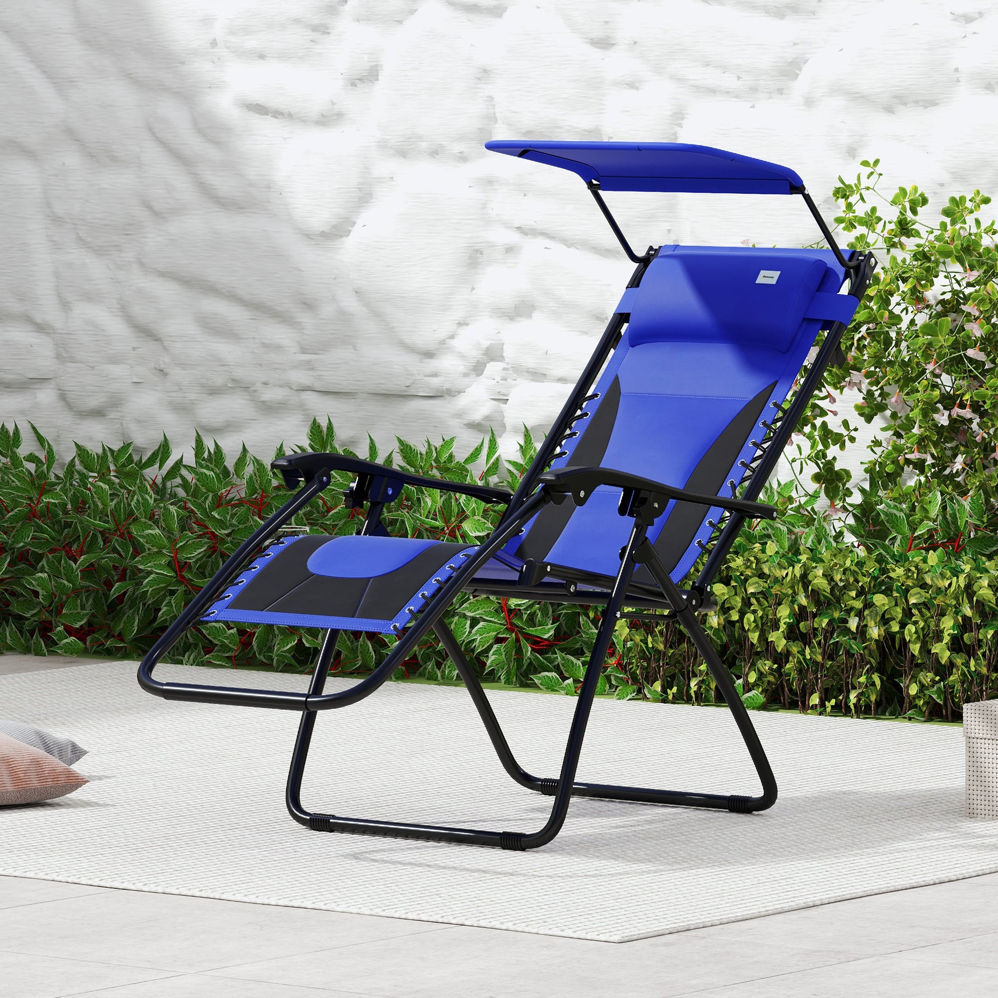 Zero Gravity Lounger Chair, Folding Reclining Patio Chair with Shade Cover, Padded Seat, Cup Holder, Soft Cushion and Headrest for Poolside, Camping, Blue