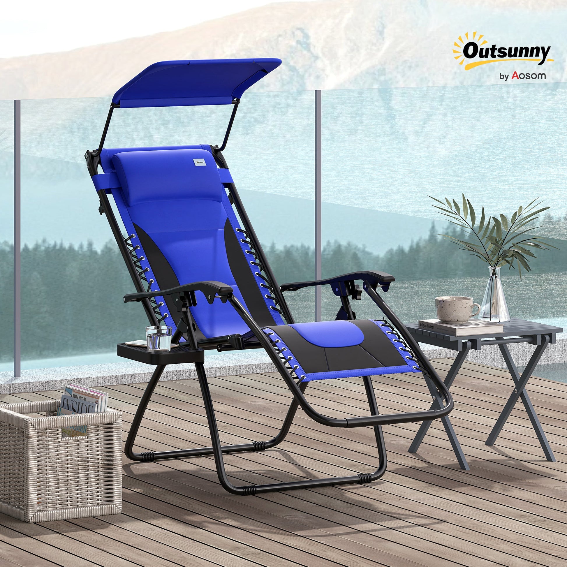 Zero Gravity Lounger Chair, Folding Reclining Patio Chair with Shade Cover, Padded Seat, Cup Holder, Soft Cushion and Headrest for Poolside, Camping, Blue