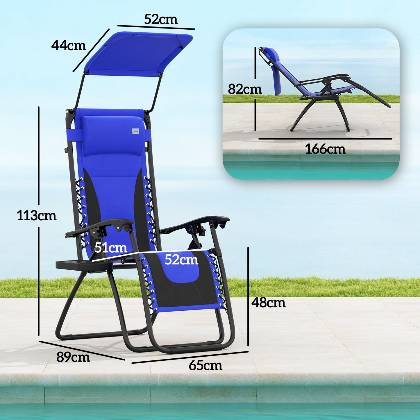 Zero Gravity Lounger Chair, Folding Reclining Patio Chair with Shade Cover, Padded Seat, Cup Holder, Soft Cushion and Headrest for Poolside, Camping, Blue