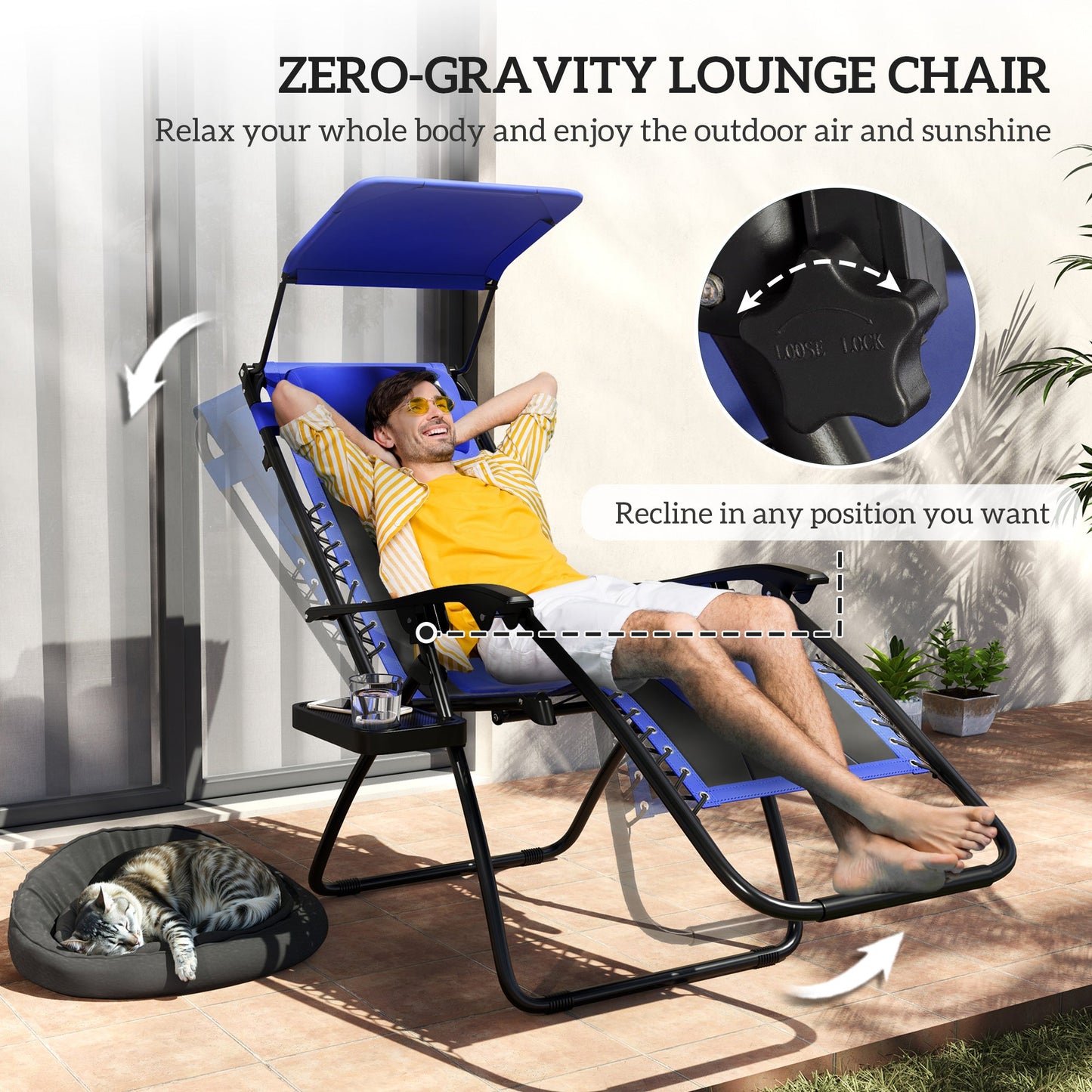 Zero Gravity Lounger Chair, Folding Reclining Patio Chair with Shade Cover, Padded Seat, Cup Holder, Soft Cushion and Headrest for Poolside, Camping, Blue