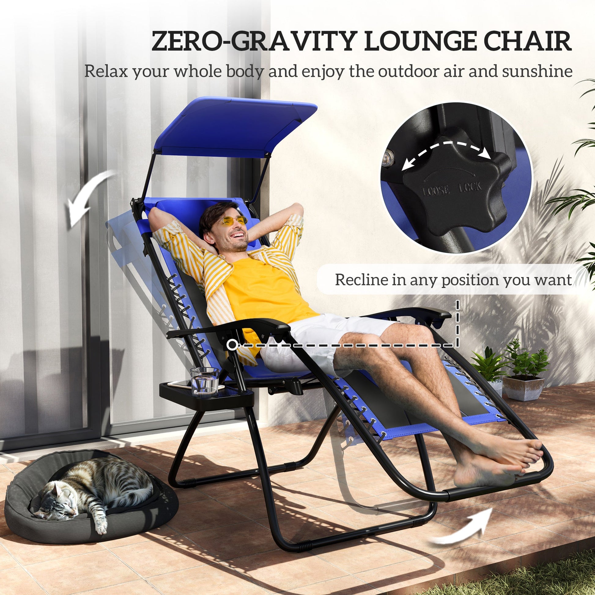 Zero Gravity Lounger Chair, Folding Reclining Patio Chair with Shade Cover, Padded Seat, Cup Holder, Soft Cushion and Headrest for Poolside, Camping, Blue