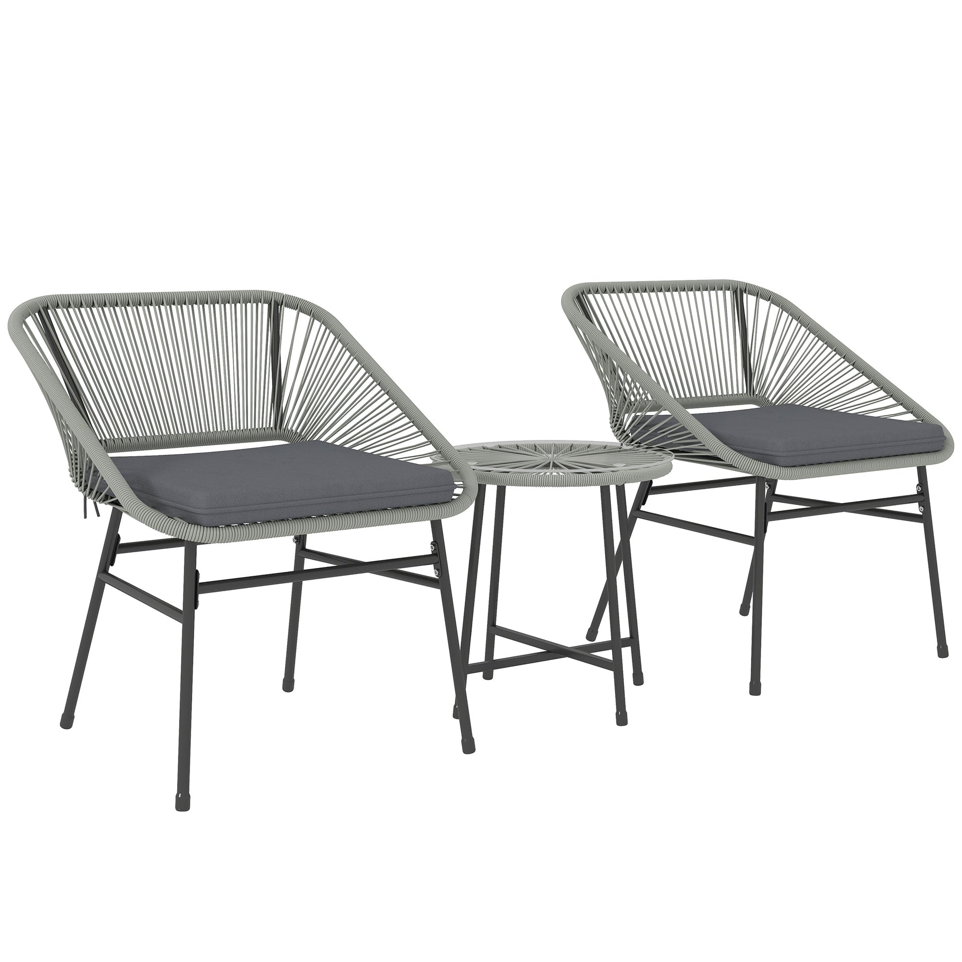 3 Pieces Rattan Bistro Set, Wicker Small Garden Table and Chairs Set with Cushions and Glass Top Coffee Table, Bistro Garden Furniture Set for Outdoor, Patio, Balcony, Light Grey