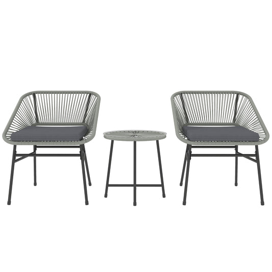 3 Pieces Rattan Bistro Set, Wicker Small Garden Table and Chairs Set with Cushions and Glass Top Coffee Table, Bistro Garden Furniture Set for Outdoor, Patio, Balcony, Light Grey