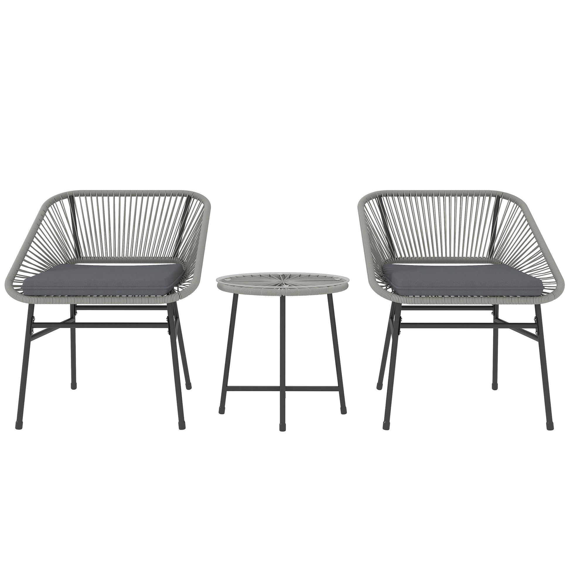 3 Pieces Rattan Bistro Set, Wicker Small Garden Table and Chairs Set with Cushions and Glass Top Coffee Table, Bistro Garden Furniture Set for Outdoor, Patio, Balcony, Light Grey
