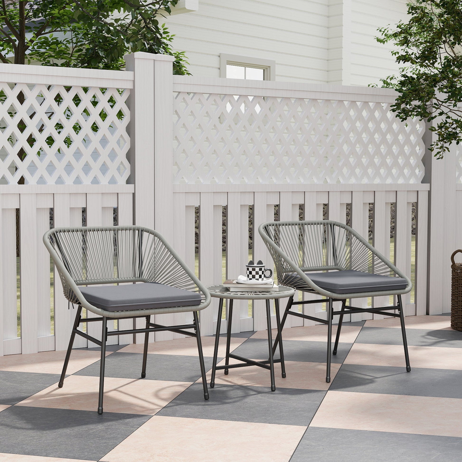 3 Pieces Rattan Bistro Set, Wicker Small Garden Table and Chairs Set with Cushions and Glass Top Coffee Table, Bistro Garden Furniture Set for Outdoor, Patio, Balcony, Light Grey