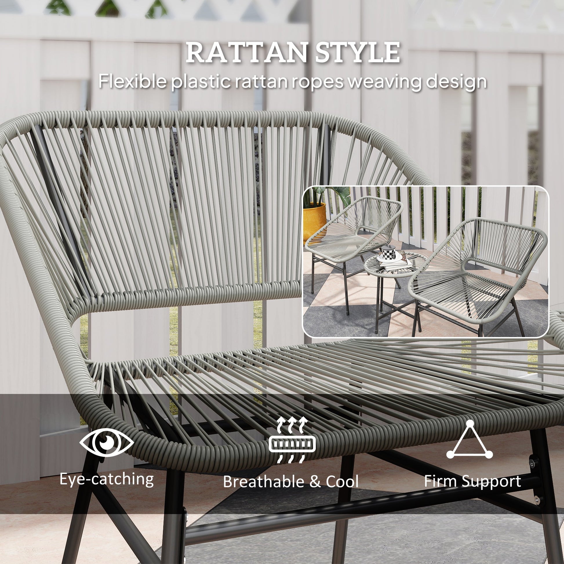 3 Pieces Rattan Bistro Set, Wicker Small Garden Table and Chairs Set with Cushions and Glass Top Coffee Table, Bistro Garden Furniture Set for Outdoor, Patio, Balcony, Light Grey
