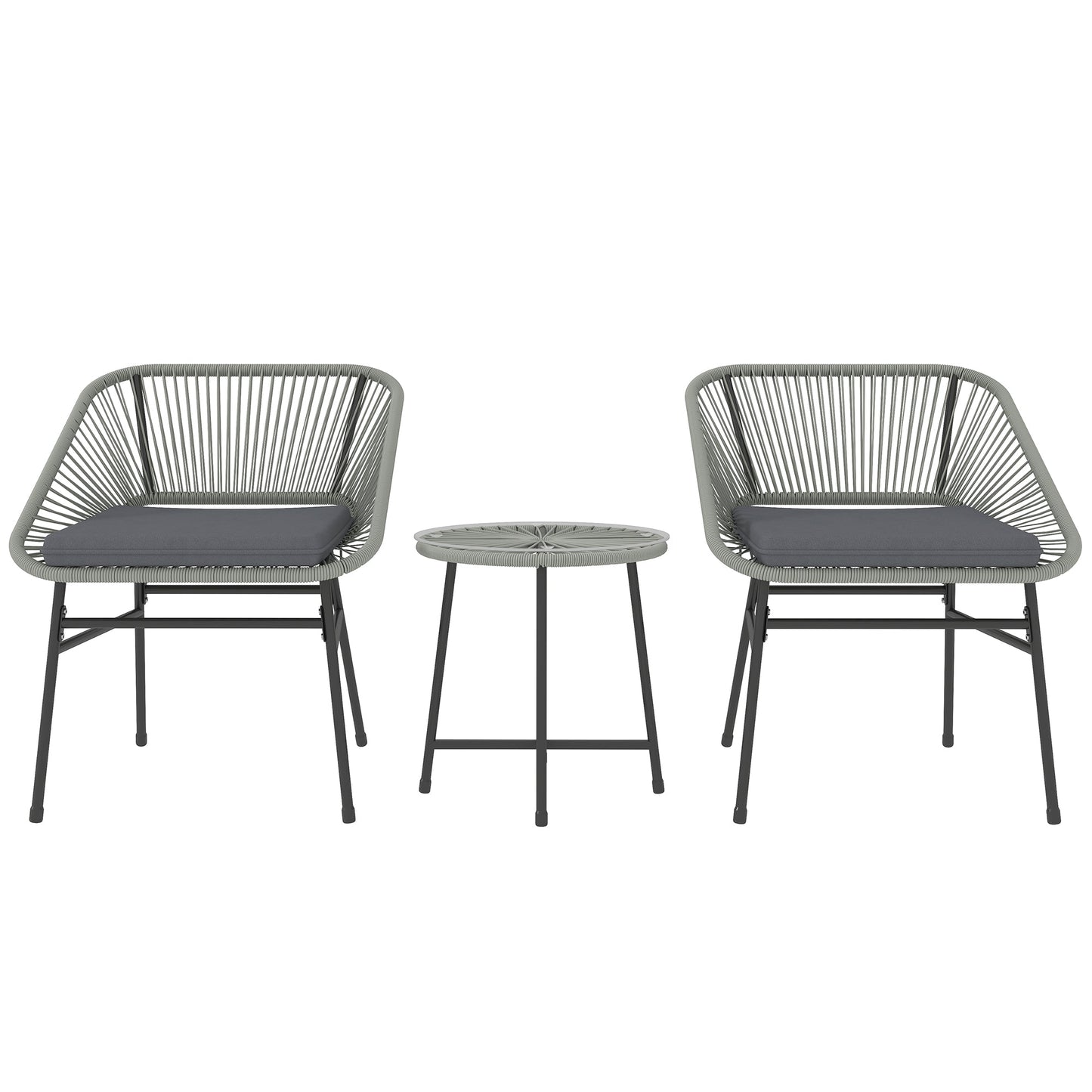 3 Pieces Rattan Bistro Set, Wicker Small Garden Table and Chairs Set with Cushions and Glass Top Coffee Table, Bistro Garden Furniture Set for Outdoor, Patio, Balcony, Light Grey