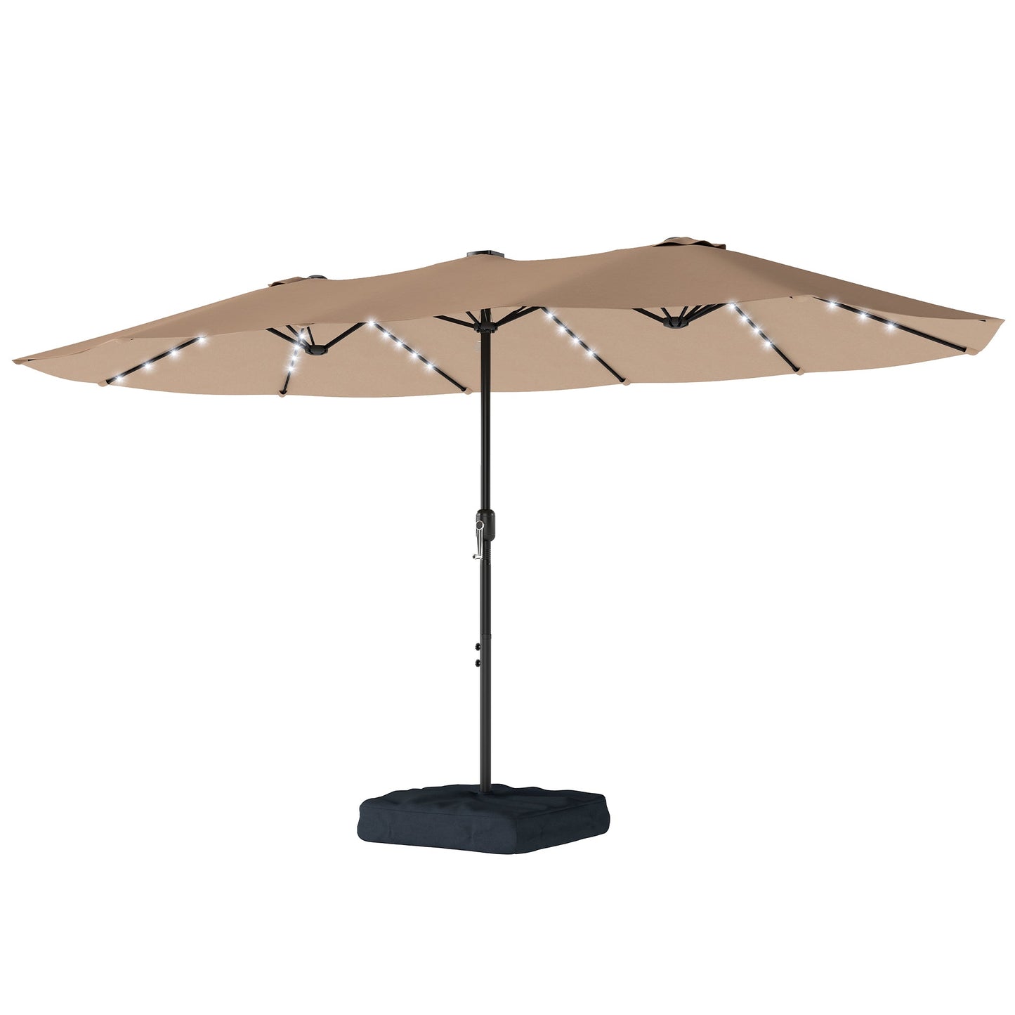 4.5m Garden Parasol Double Sided Umbrella with Base and Sandbags, 60 Solar Powered LED Lights, Patio Umbrella with Crank Handle, Ribs, Water Repellent, Khaki