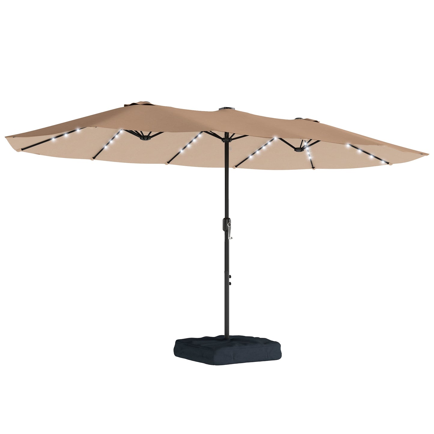 4.5m Garden Parasol Double Sided Umbrella with Base and Sandbags, 60 Solar Powered LED Lights, Patio Umbrella with Crank Handle, Ribs, Water Repellent, Khaki